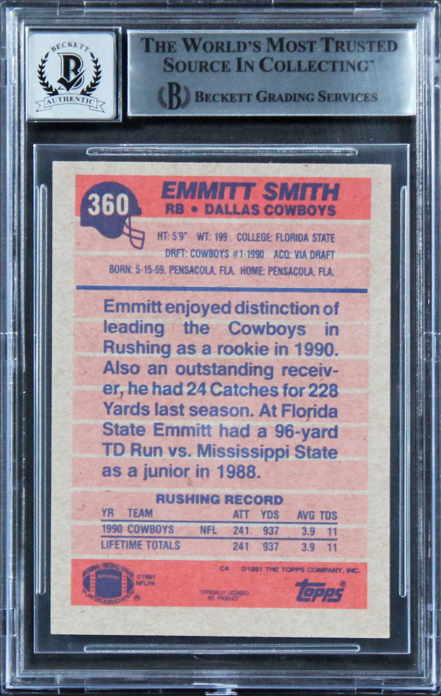 Cowboys Emmitt Smith Authentic Signed 1991 Topps #360 Card Auto 10! BAS Slabbed