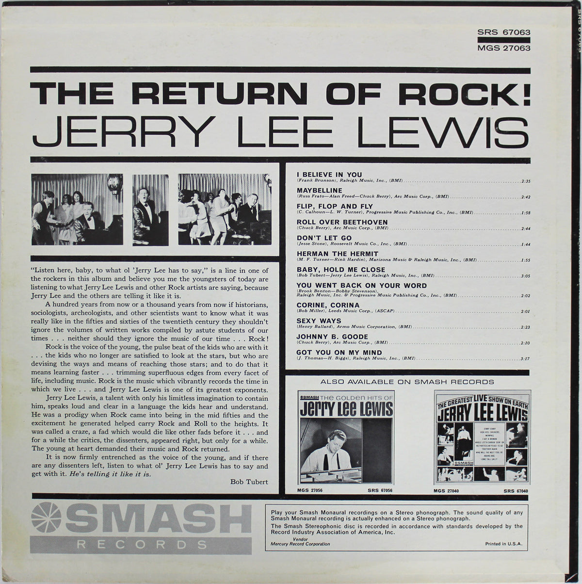 Jerry Lee Lewis Signed The Return Of Rock Album Cover W/ Vinyl BAS #E37669