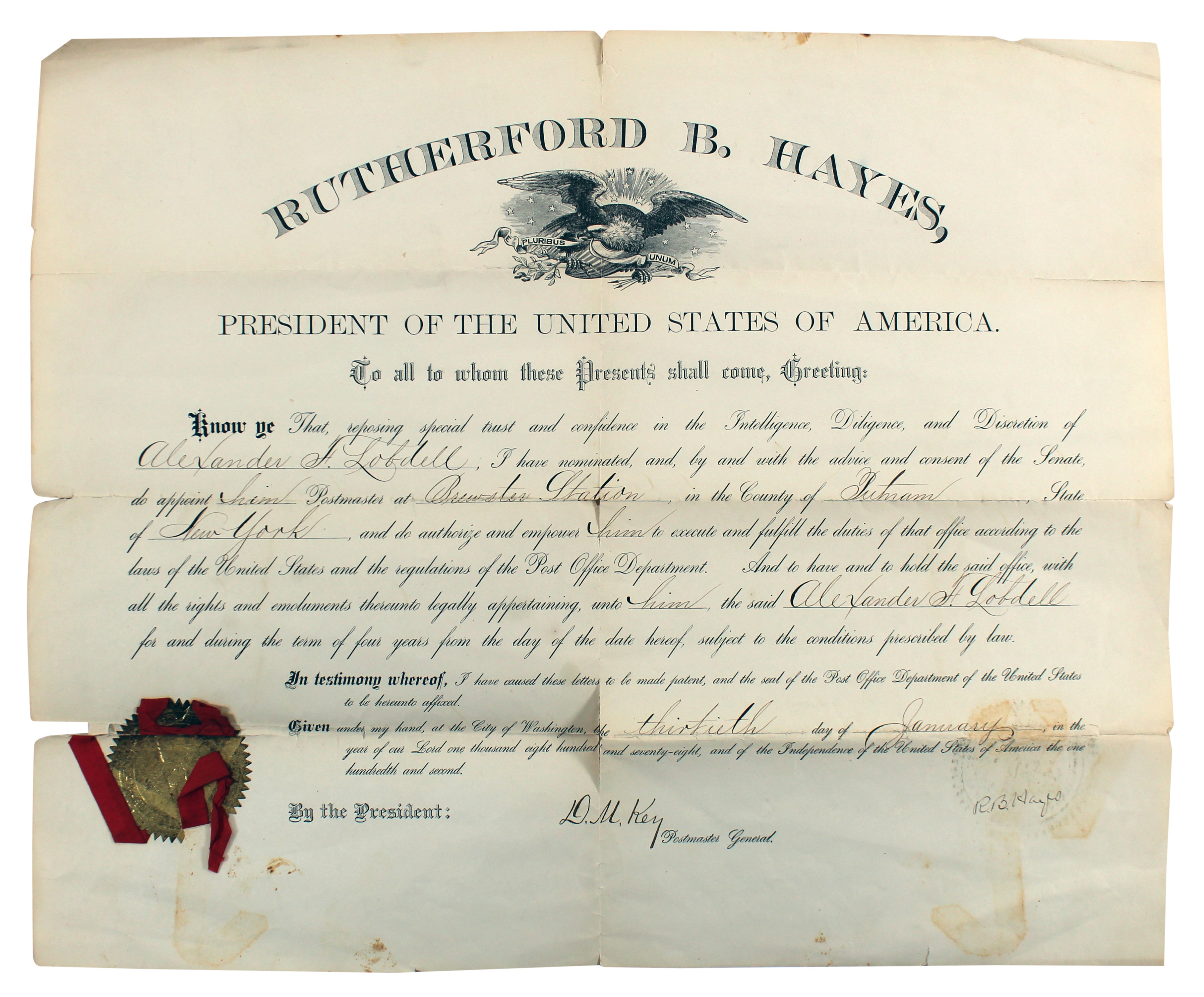 Rutherford B. Hayes Authentic Signed 14x17 1878 Postmaster Appointment BAS