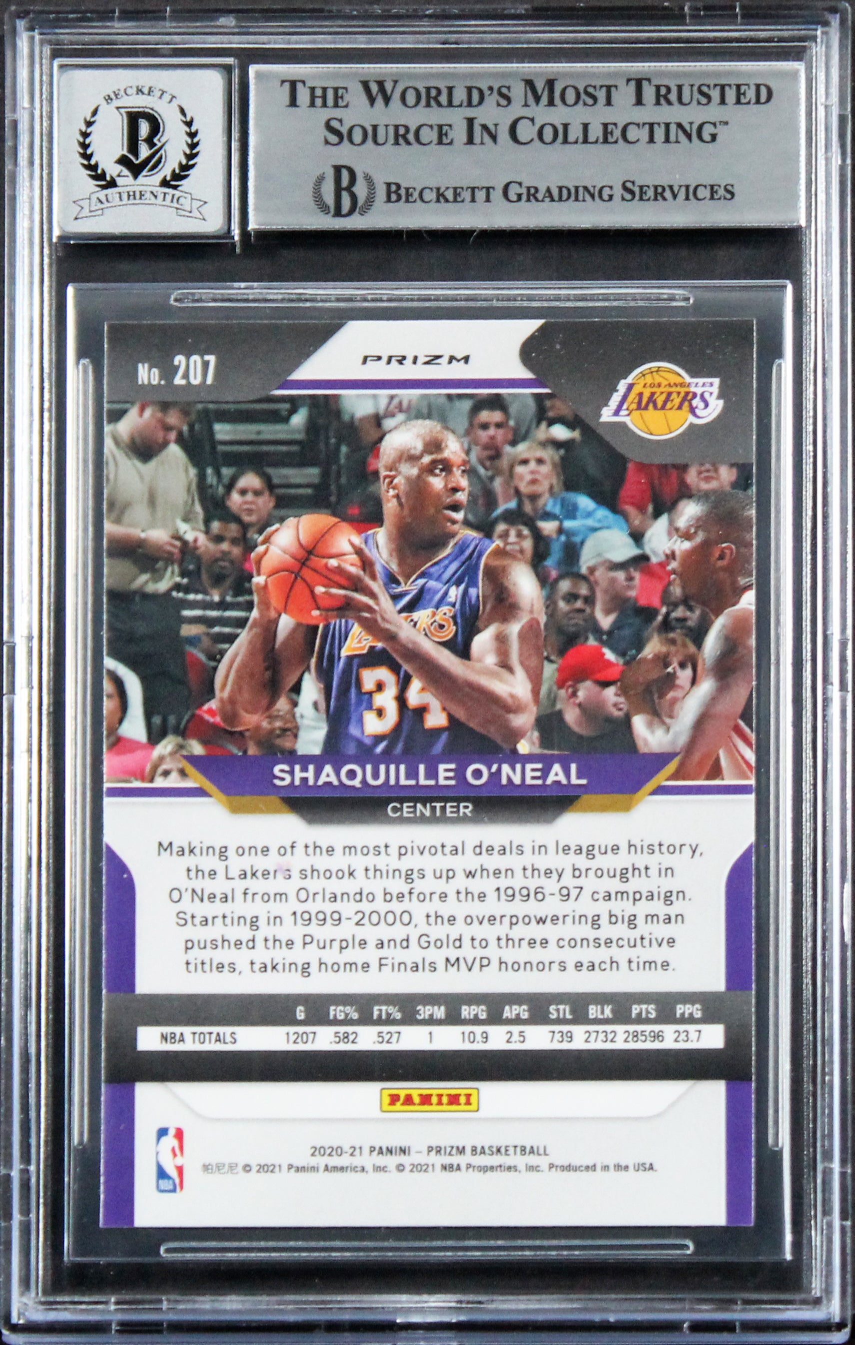 Lakers Shaquille O'Neal Signed 2020 Panini Prizm Silv #207 Card Auto 10 BAS Slab