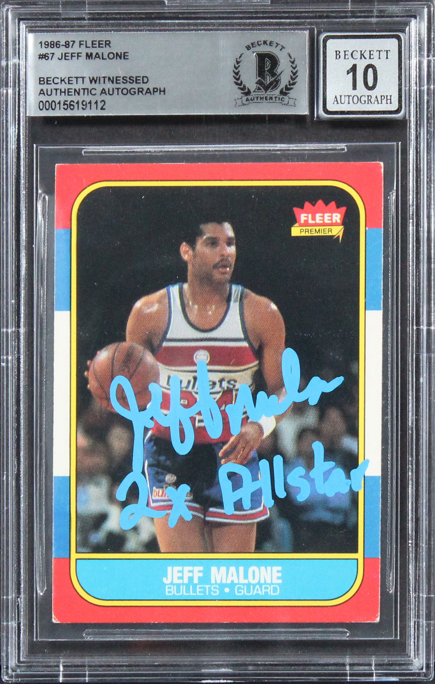Bullets Jeff Malone "2x All Star" Signed 1986 Fleer #67 Card Auto 10 BAS Slabbed