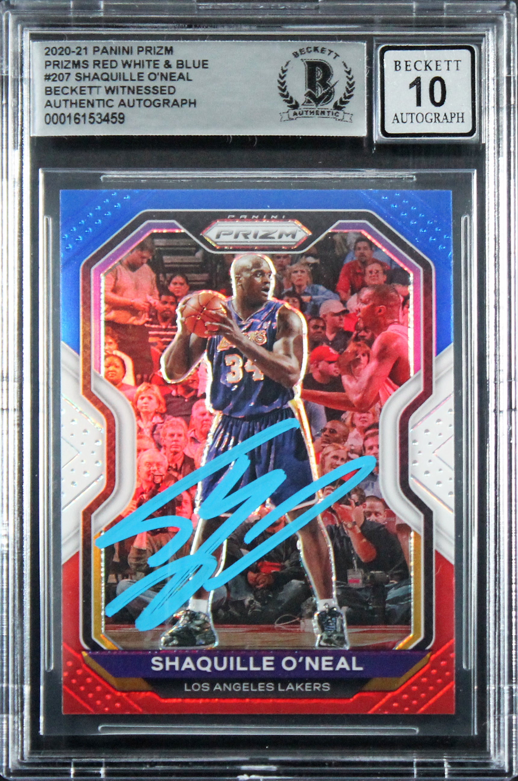 Lakers Shaquille O'Neal Signed 2020 Panini Prizm RW&B #207 Card Auto 10 BAS Slab