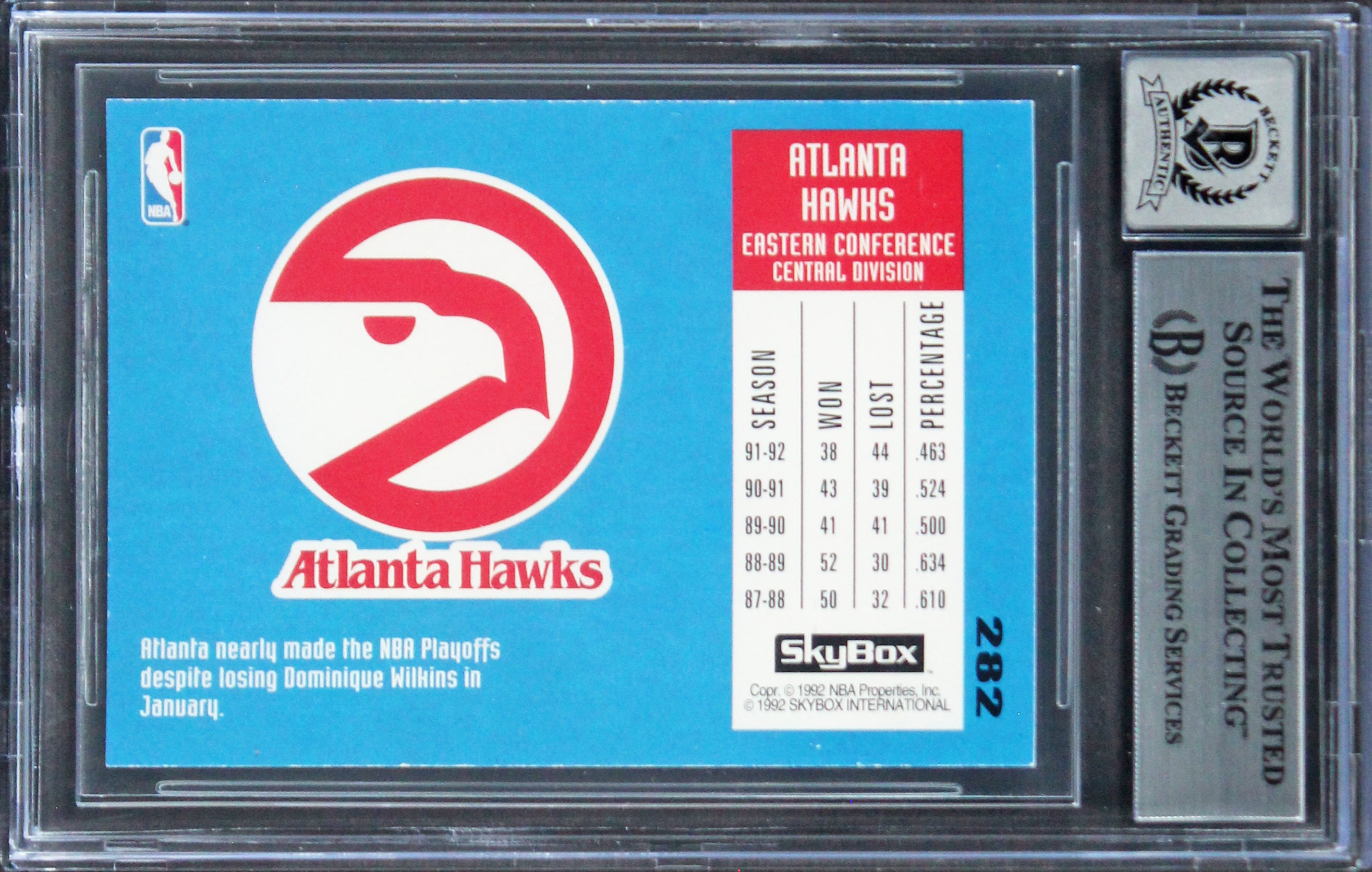 Hawks Dominique Wilkins Authentic Signed 1992 Skybox #282 Card Auto 10! BAS Slab