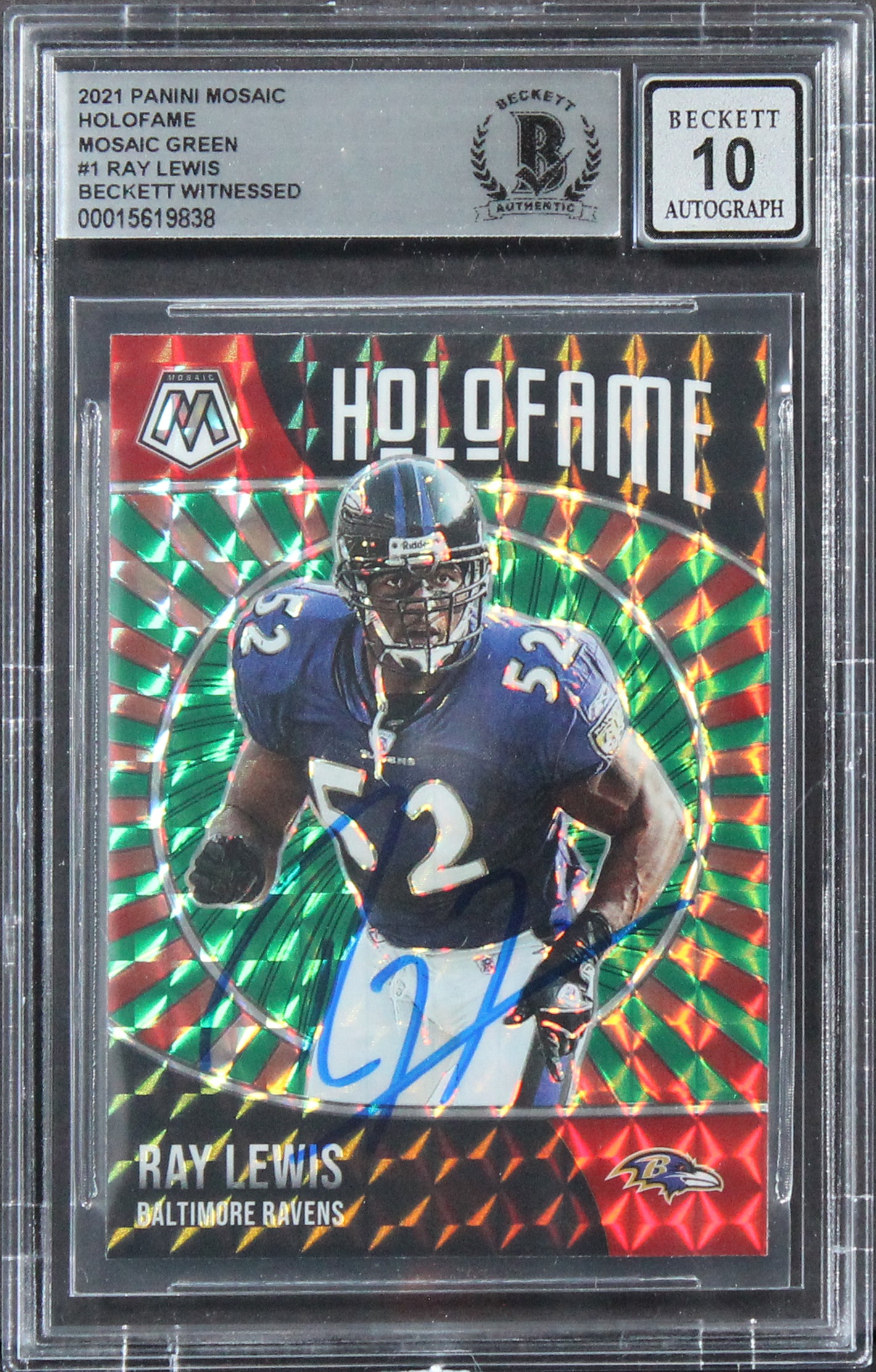 Ray Lewis Signed 2021 Panini Mosaic Holofame Green #1 Card Auto 10! BAS Slabbed