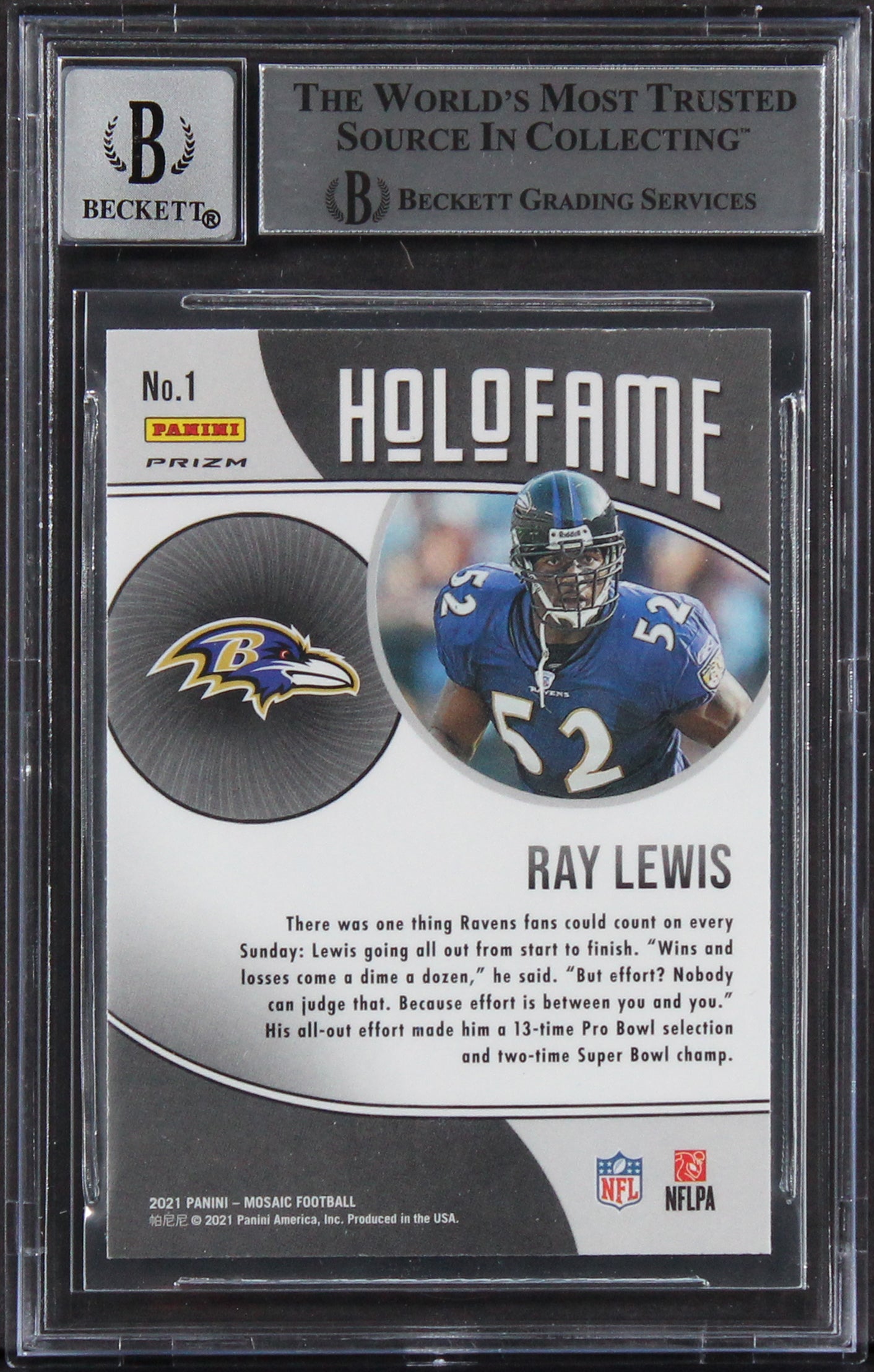 Ray Lewis Signed 2021 Panini Mosaic Holofame Green #1 Card Auto 10! BAS Slabbed