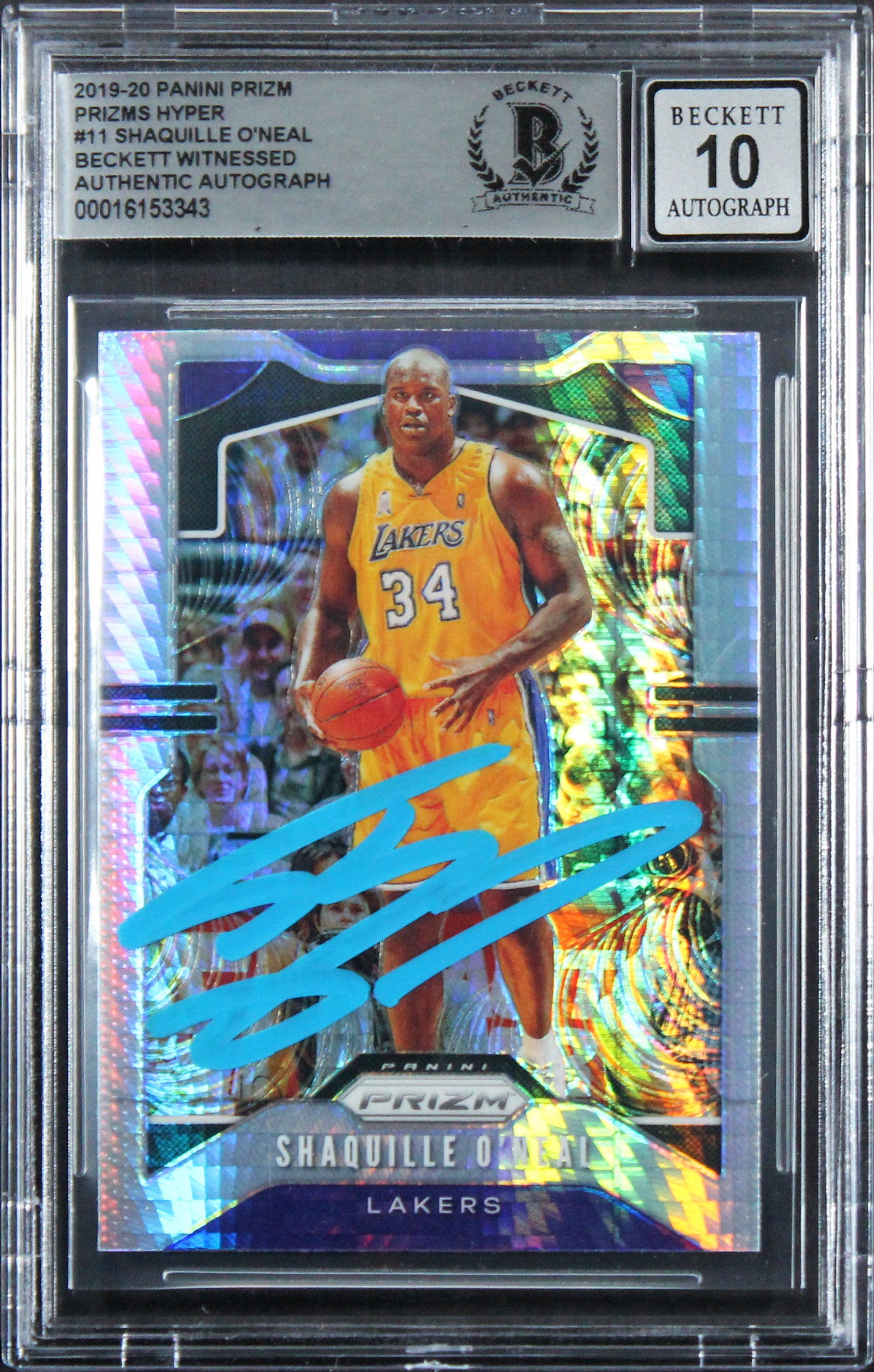 Lakers Shaquille O'Neal Signed 2019 Panini Prizm Hyper #11 Card Auto 10 BAS Slab