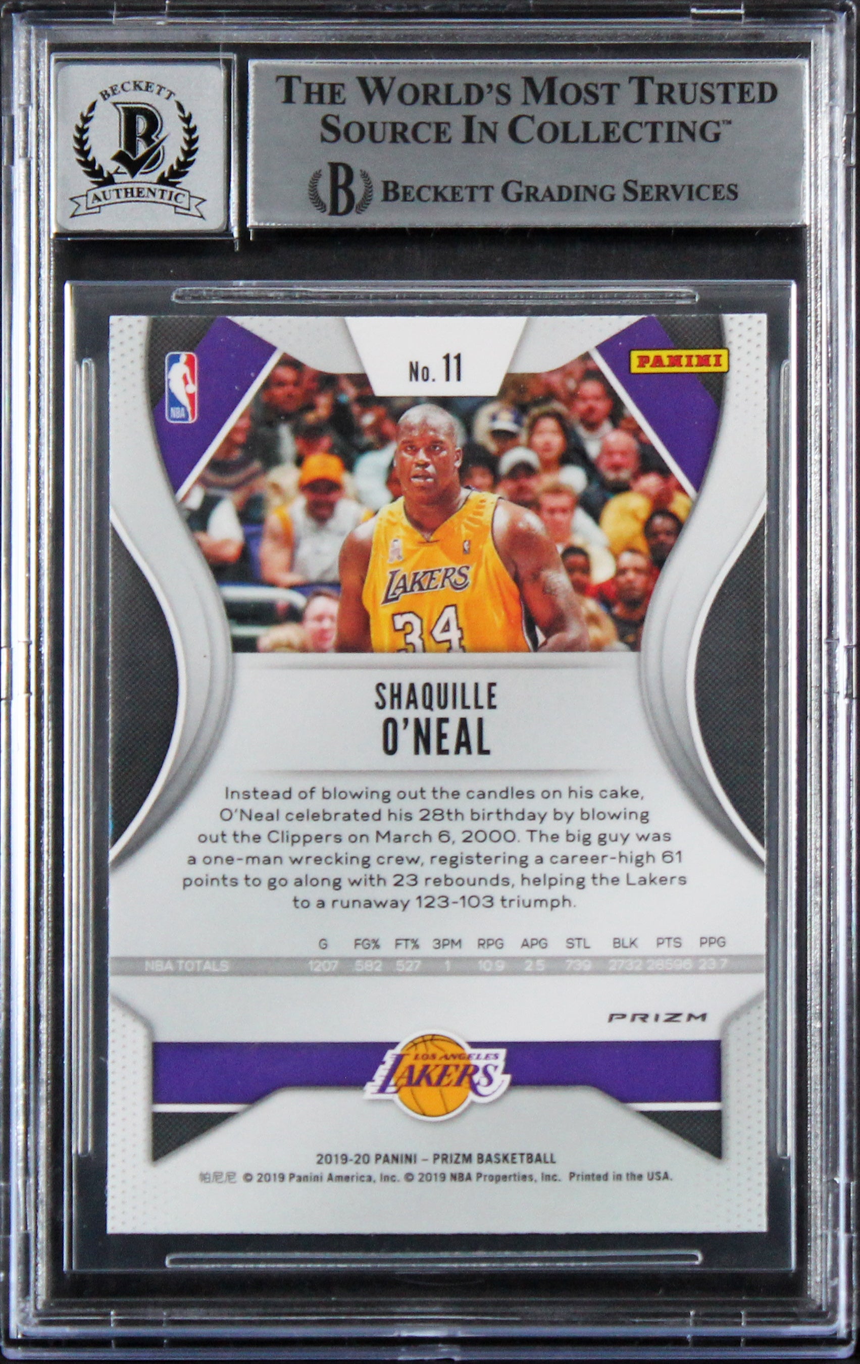 Lakers Shaquille O'Neal Signed 2019 Panini Prizm Hyper #11 Card Auto 10 BAS Slab