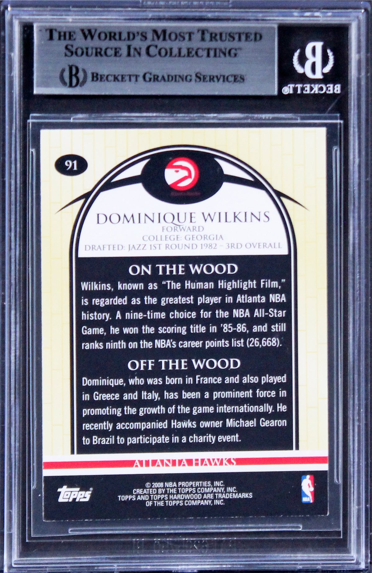 Hawks Dominique Wilkins Signed 2008 Topps Hardwood #91 Card BAS Slabbed