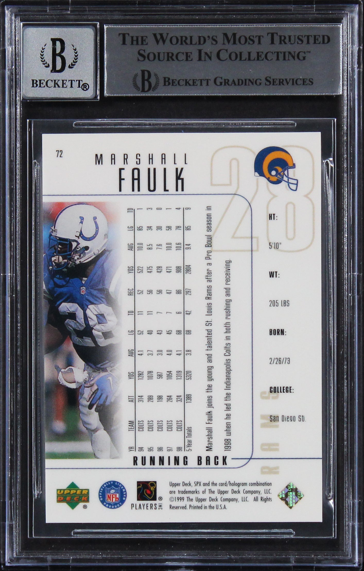Rams Marshall Faulk Authentic Signed 1999 SPX #72 Card Auto 10! BAS Slabbed
