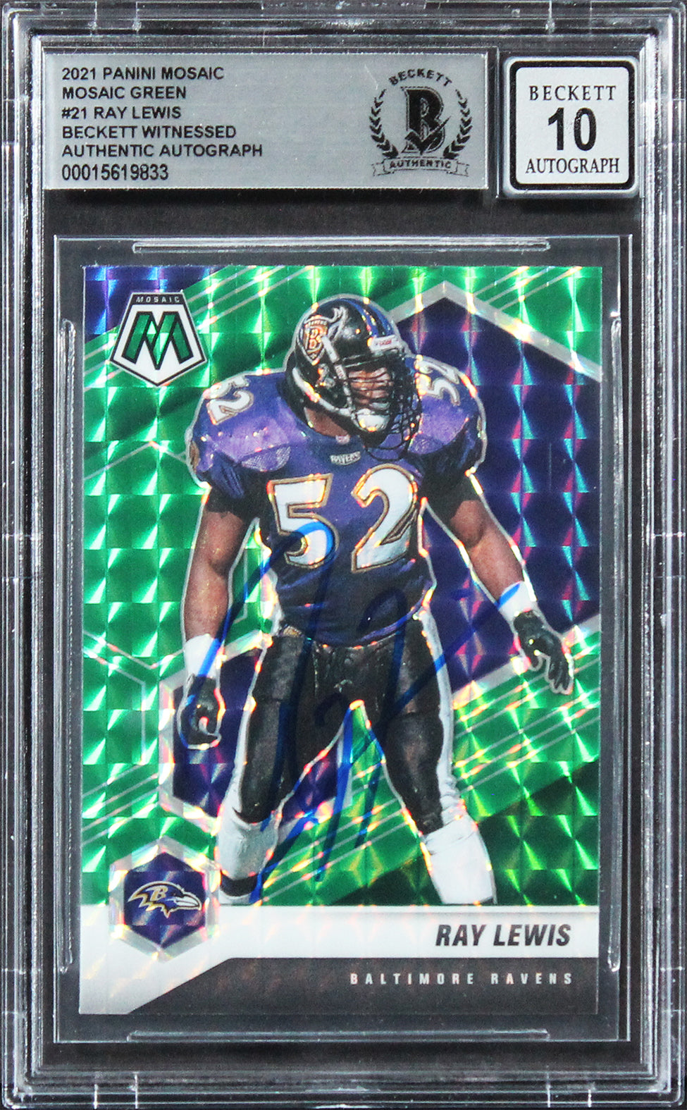 Ravens Ray Lewis Signed 2021 Panini Mosaic Green #21 Card Auto 10! BAS Slabbed
