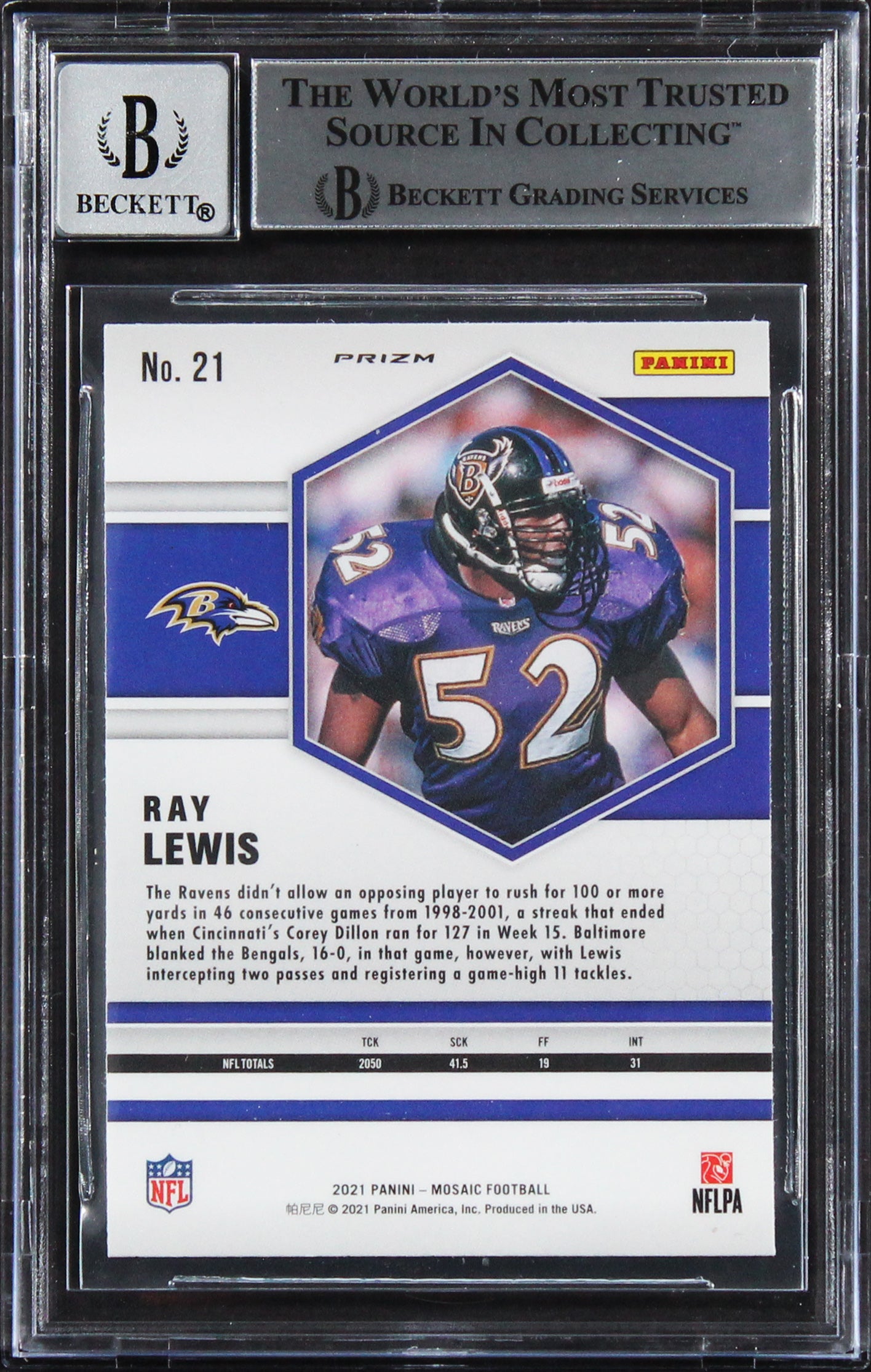 Ravens Ray Lewis Signed 2021 Panini Mosaic Green #21 Card Auto 10! BAS Slabbed
