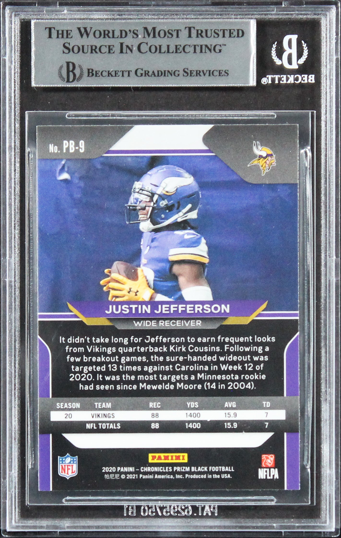 Vikings Justin Jefferson Signed 2020 Panini Prizm Black #9 Rookie Card BAS Slab