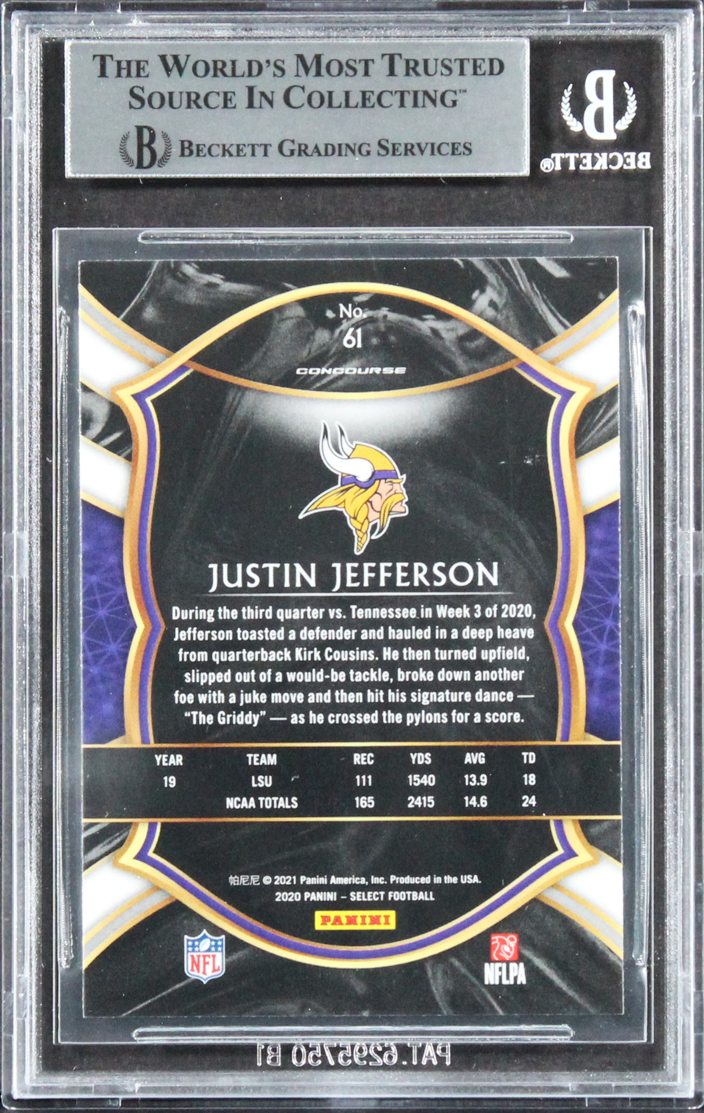 Vikings Justin Jefferson Authentic Signed 2020 Select #61 RC Card BAS Slabbed