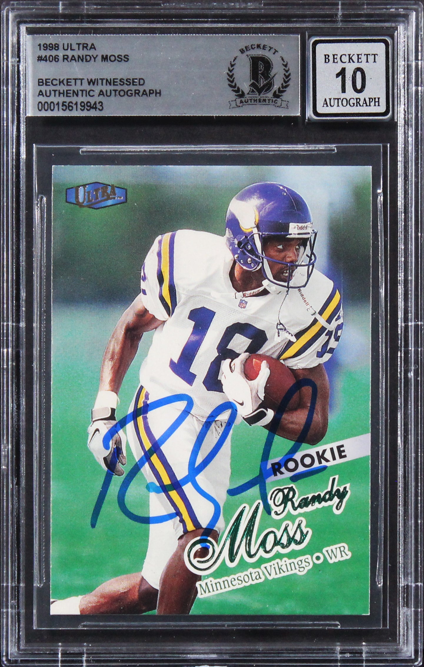 Vikings Randy Moss Signed 1998 Ultra #406 Rookie Card Auto 10! BAS Slabbed