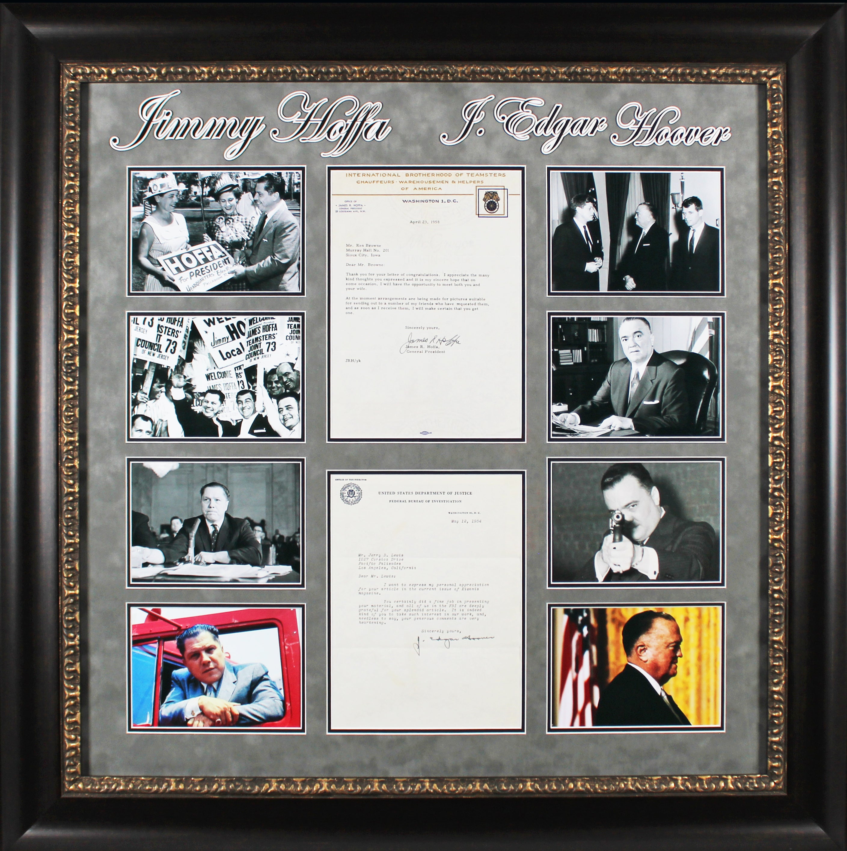 J. Edgar Hoover & Jimmy Hoffa Signed 8.5x11 Typed Letters Framed Display BAS