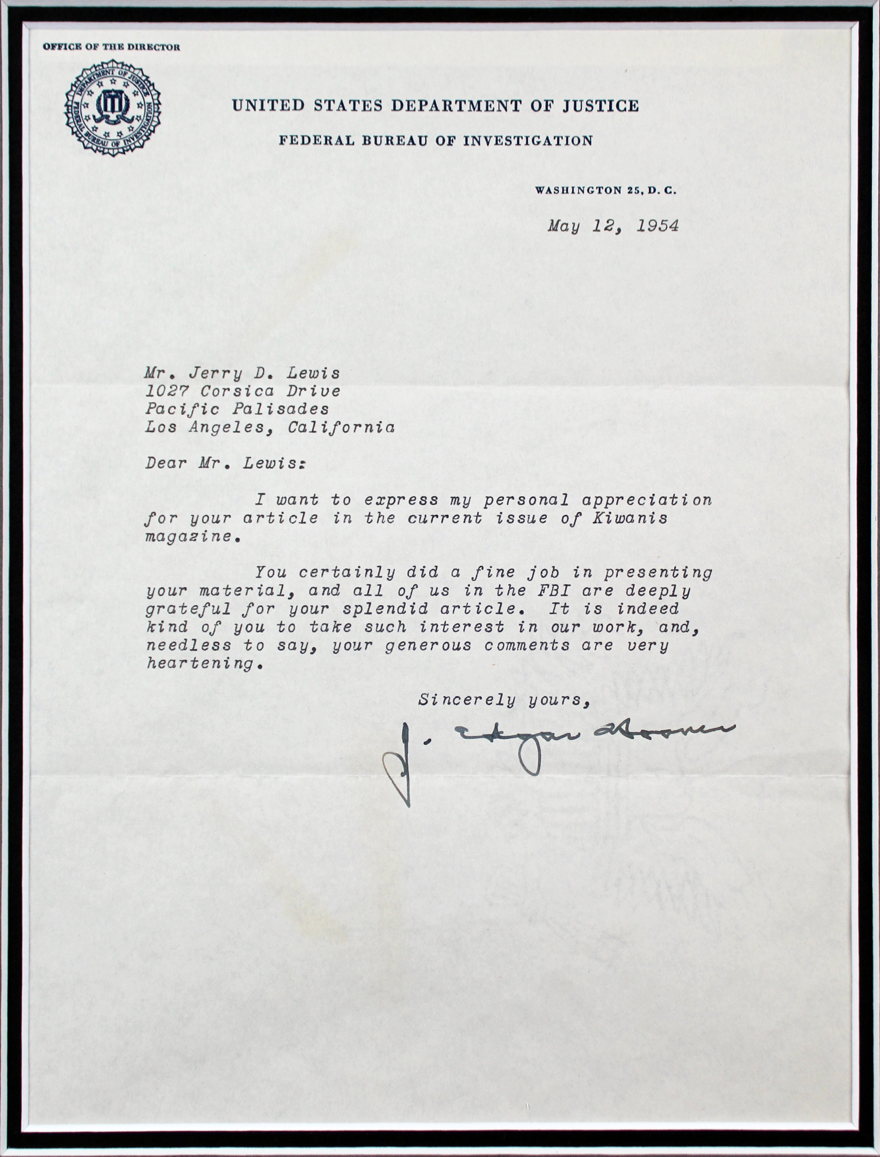 J. Edgar Hoover & Jimmy Hoffa Signed 8.5x11 Typed Letters Framed Display BAS