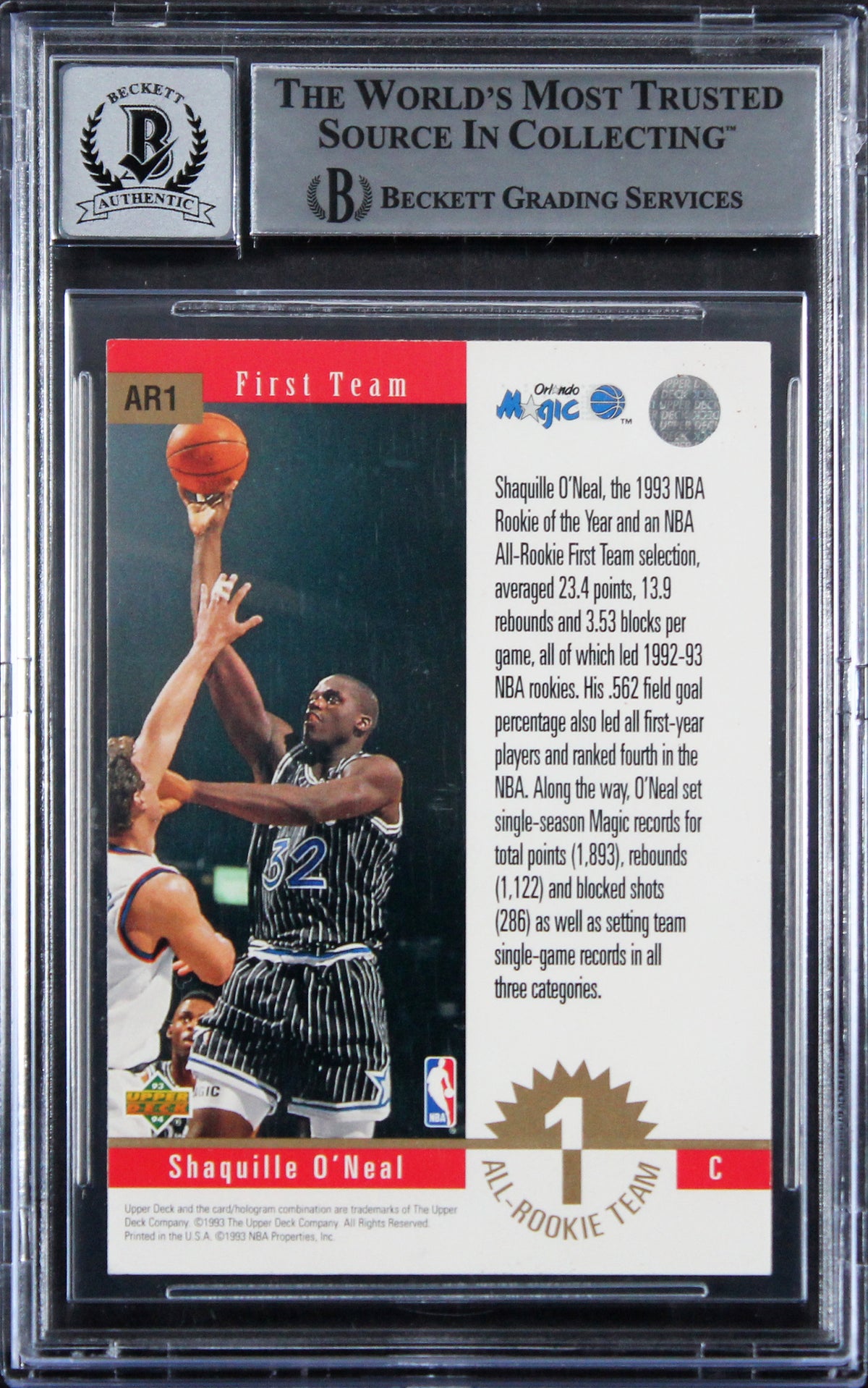 Magic Shaquille O'Neal Signed 1993 Upper Deck AR #AR1 Card Auto 10! BAS Slabbed