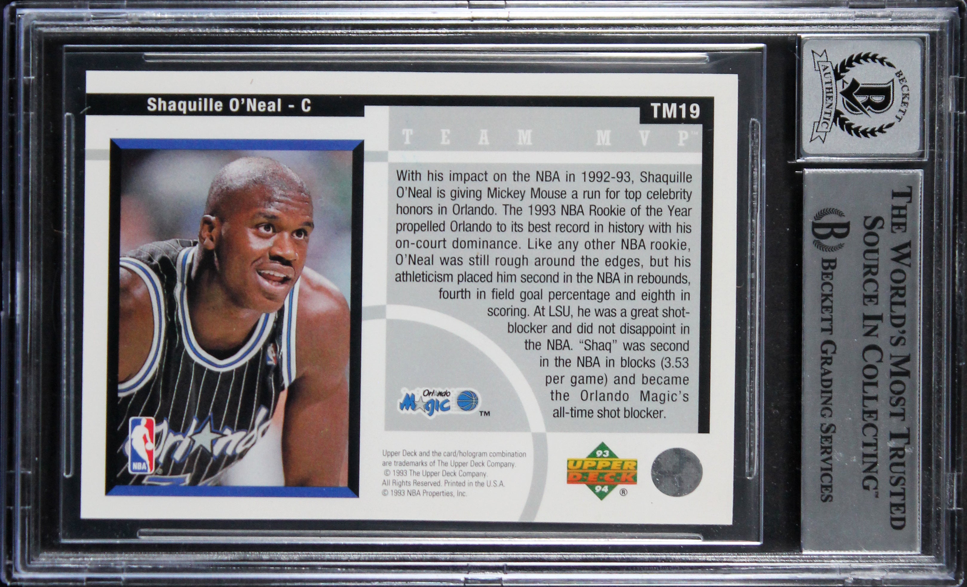 Magic Shaquille O'Neal Signed 1993 Upper Deck #TM19 Card Auto 10! BAS Slabbed