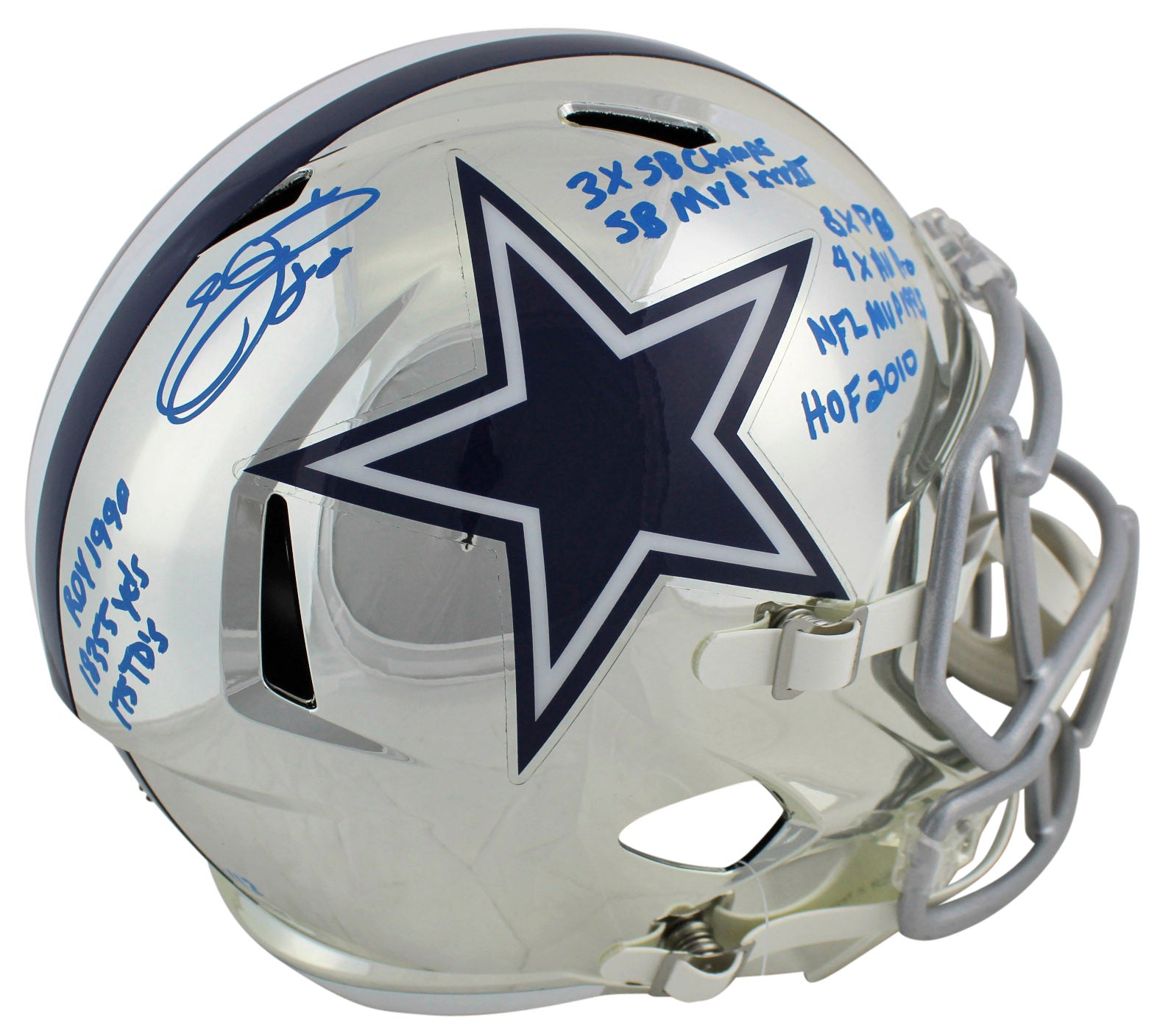 Cowboys Emmitt Smith "Stat" Signed Chrome Full Size Speed Rep Helmet LE / 12 BAS