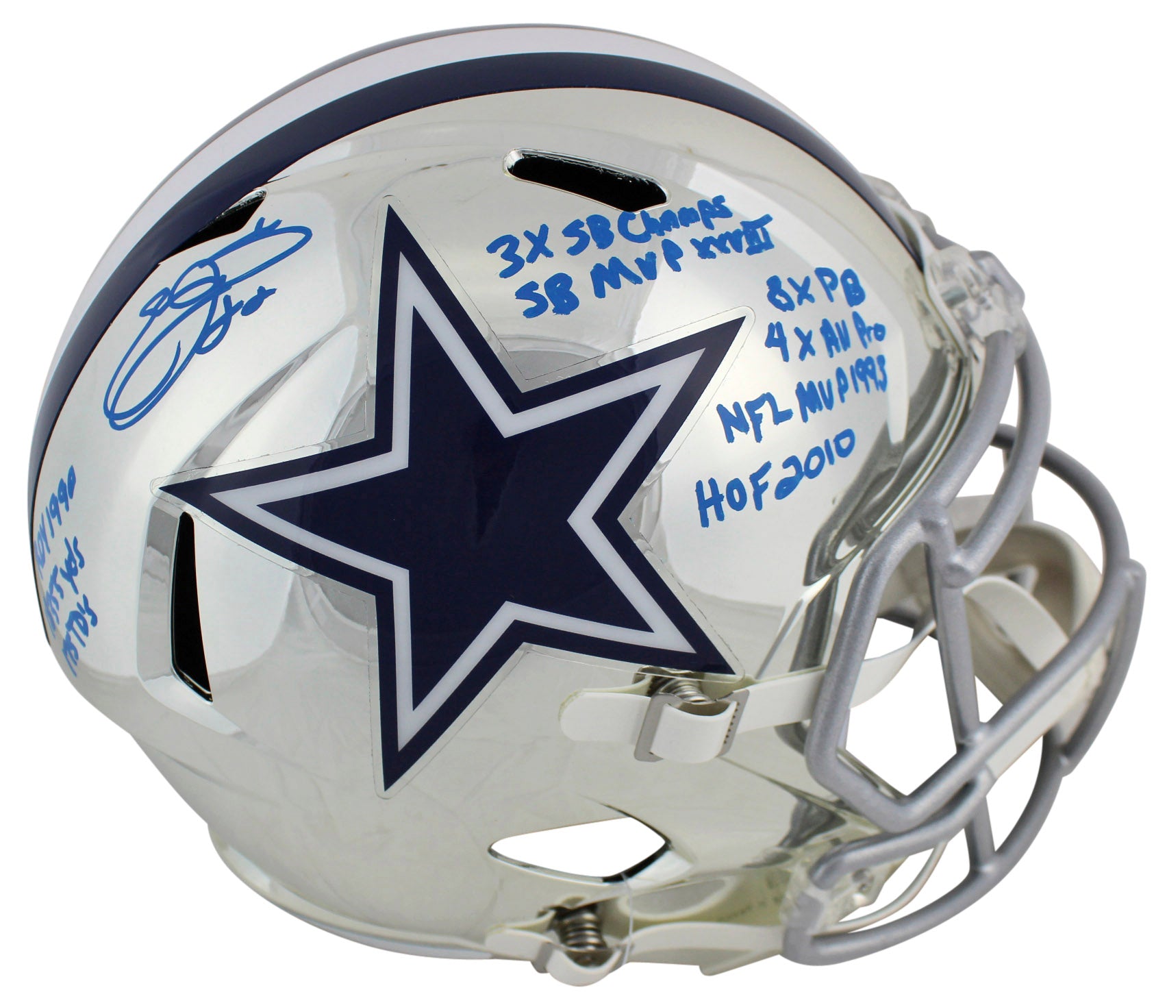 Cowboys Emmitt Smith "Stat" Signed Chrome Full Size Speed Rep Helmet LE / 12 BAS