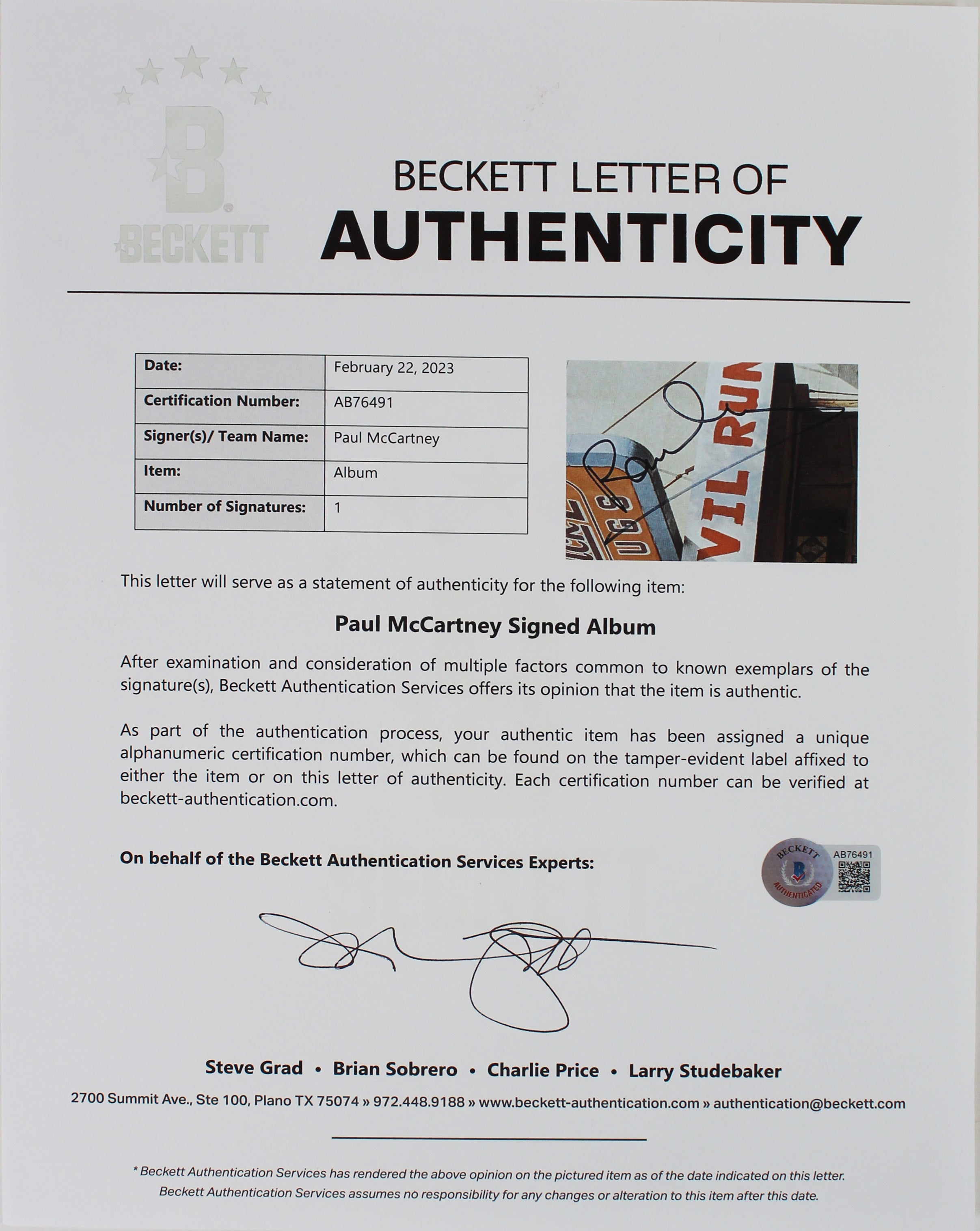 Paul McCartney Beatles Authentic Signed Run Devil Run Album Cover BAS #AB76491