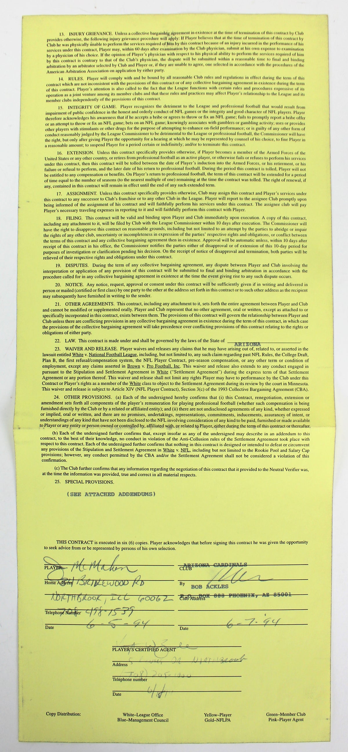 Cardinals Jim McMahon Signed 1994 NFL Player Contract w/ Envelope JSA #Z76382