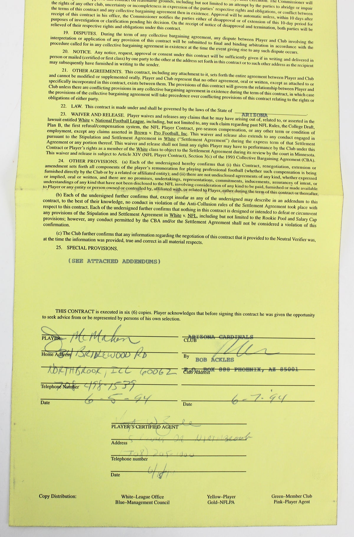 Cardinals Jim McMahon Signed 1994 NFL Player Contract w/ Envelope JSA #Z76382