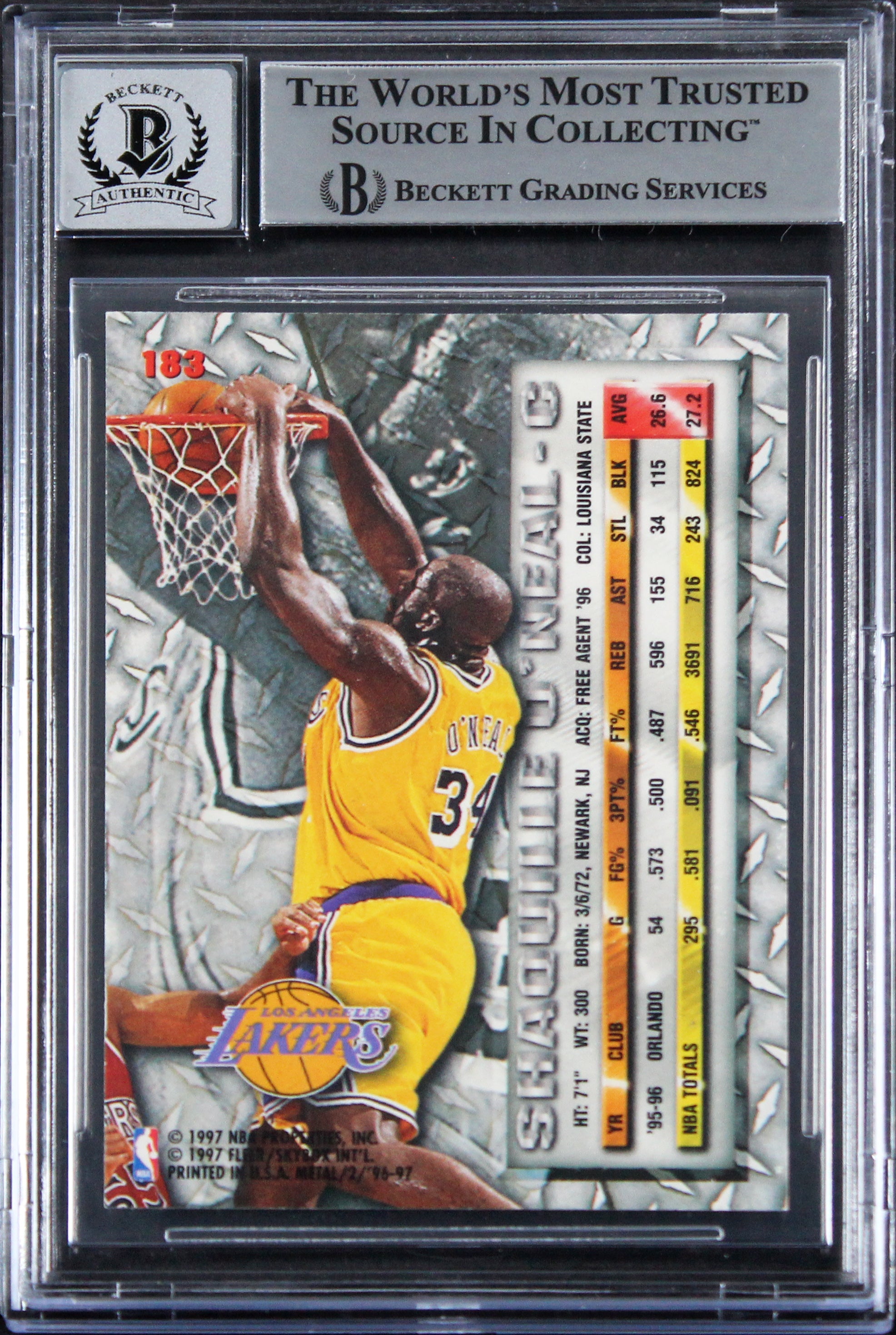 Lakers Shaquille O'Neal Signed 1996 Metal #183 Card Auto 10! BAS Slabbed