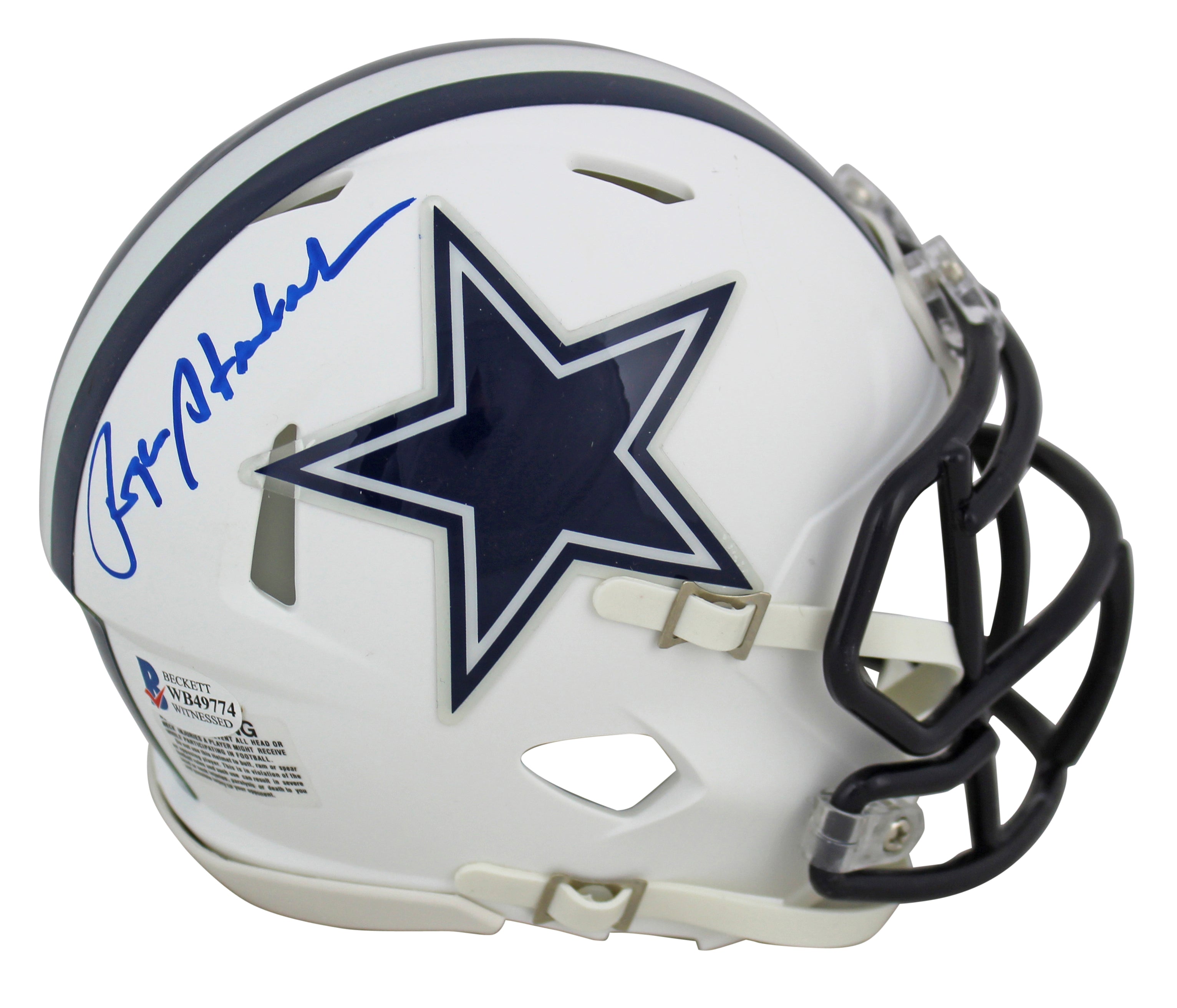 Cowboys Roger Staubach Authentic Signed Flat White Speed Mini Helmet BAS Witness