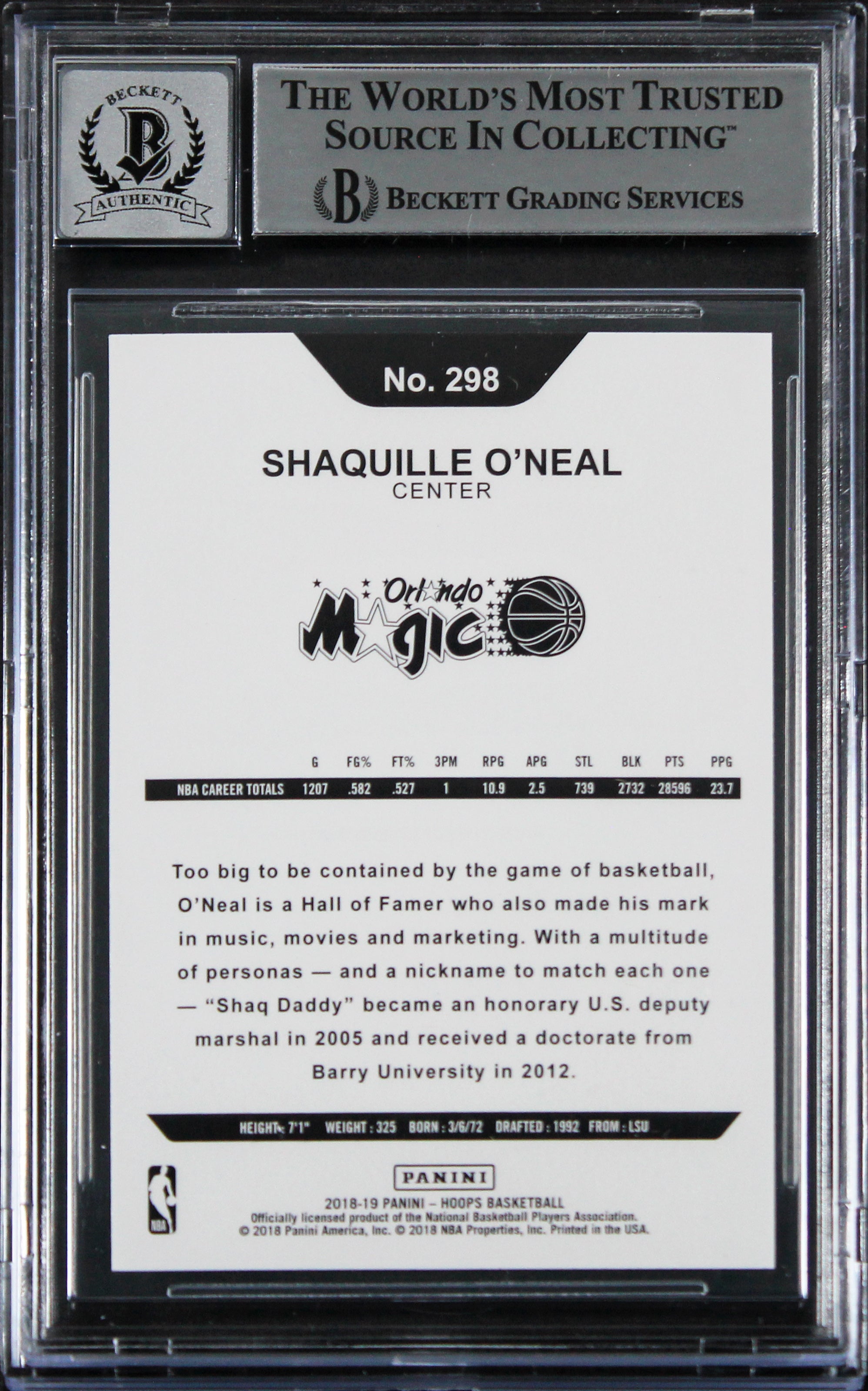 Magic Shaquille O'Neal Signed 2018 Hoops #298 Card Auto 10! BAS Slabbed