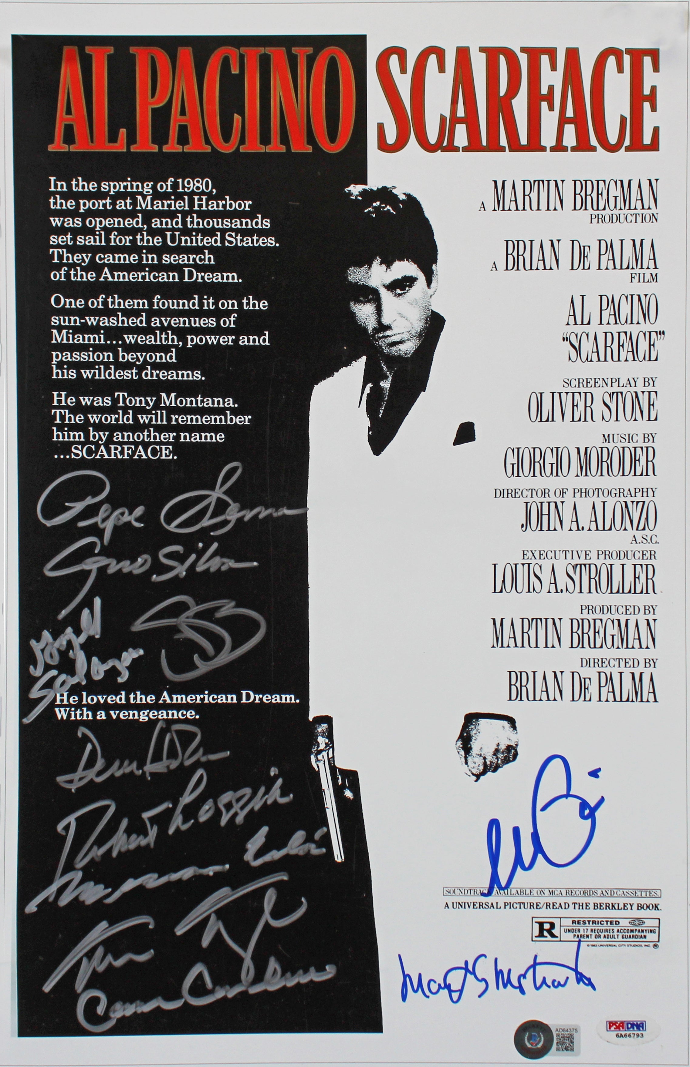 Scarface (11) Pacino, Bauer, Loggia +8 Signed 12x18 Mini Movie Poster Photo BAS