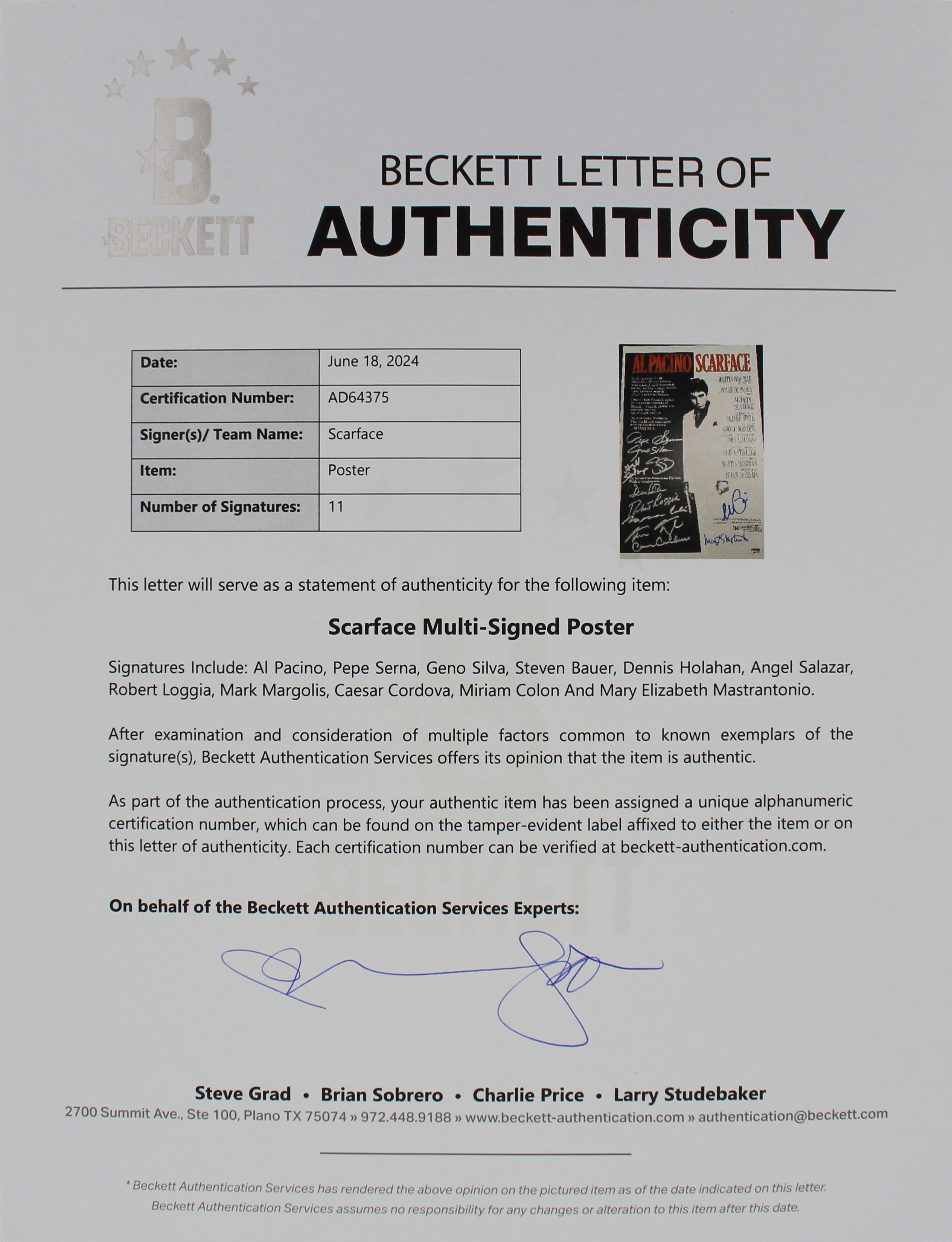 Scarface (11) Pacino, Bauer, Loggia +8 Signed 12x18 Mini Movie Poster Photo BAS