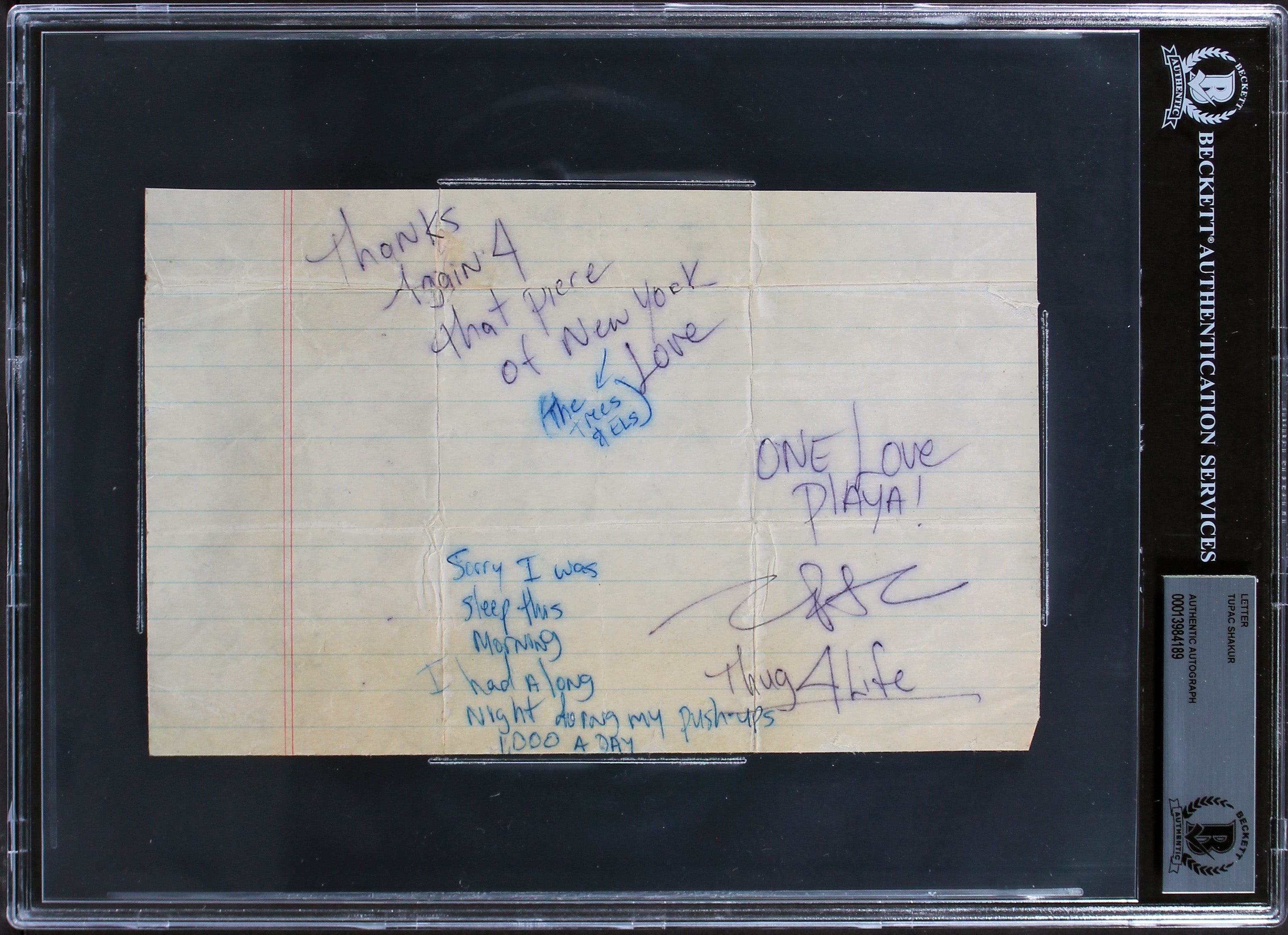 Tupac Shakur Authentic Signed 5.75x8.75 Handwritten Letter BAS Slabbed