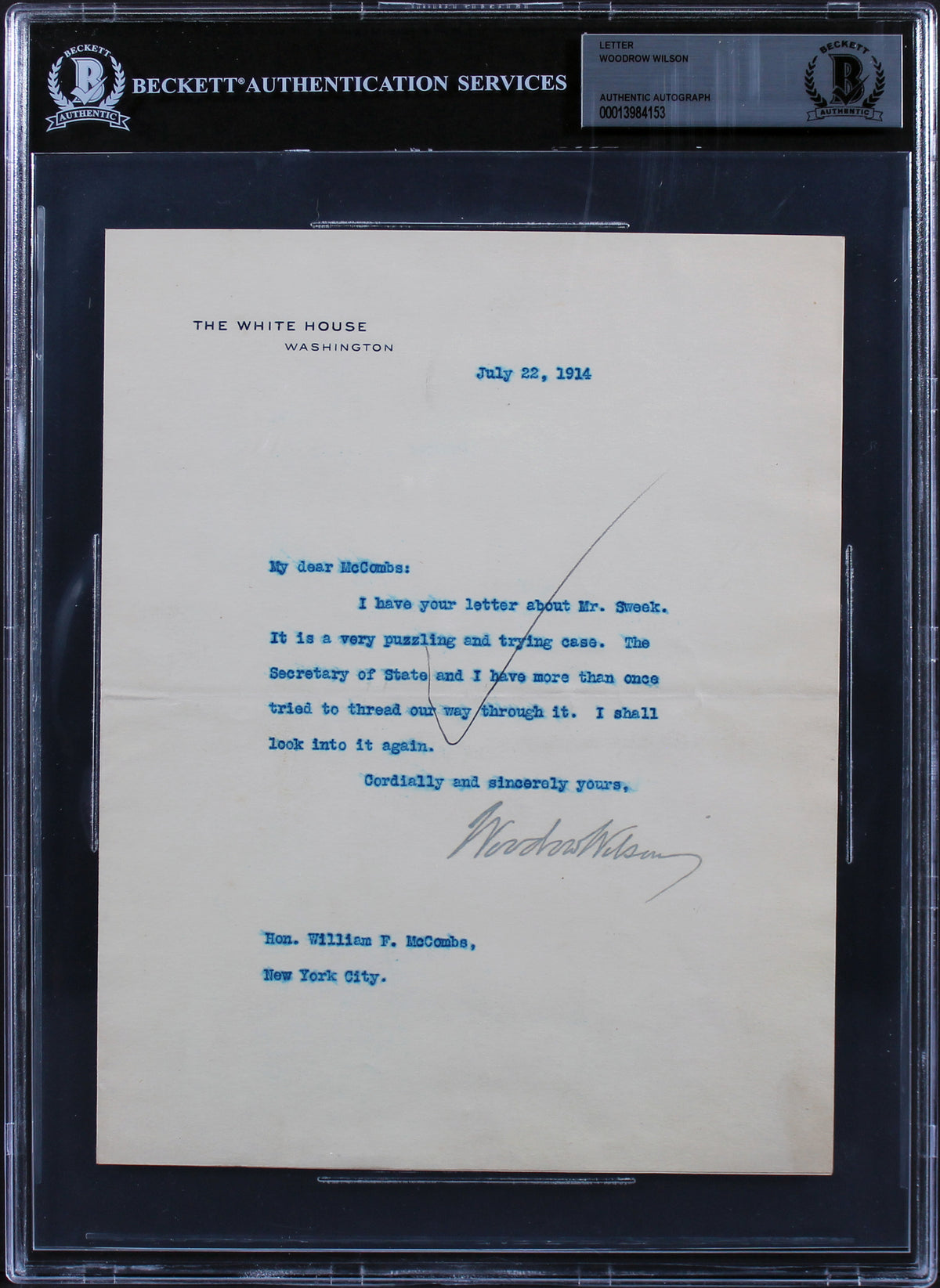 Woodrow Wilson Signed 7x8.75 1914 Letter On White House Letterhead BAS Slab 11