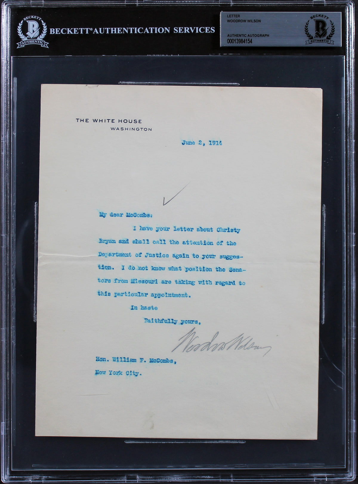 Woodrow Wilson Signed 7x8.75 1914 Letter On White House Letterhead BAS Slab 10