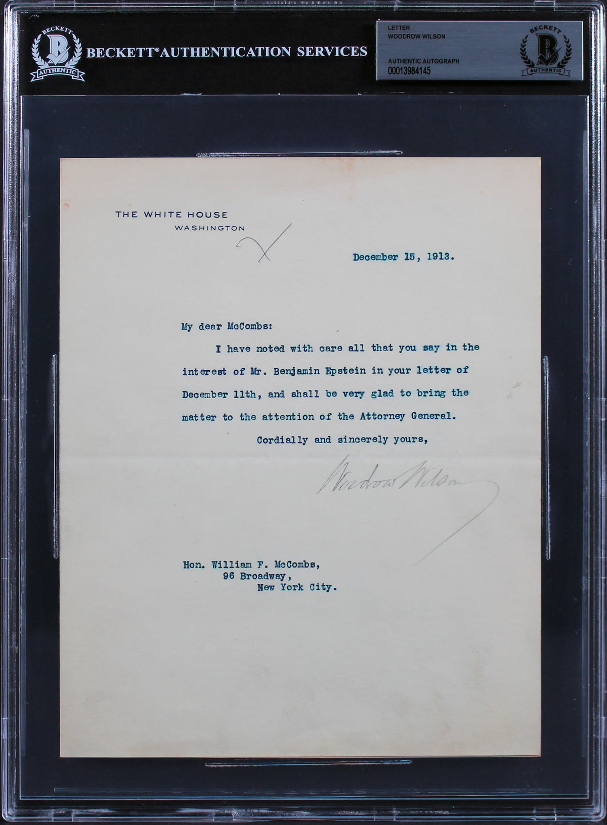 Woodrow Wilson Signed 7x8.75 1913 Letter On White House Letterhead BAS Slab 4