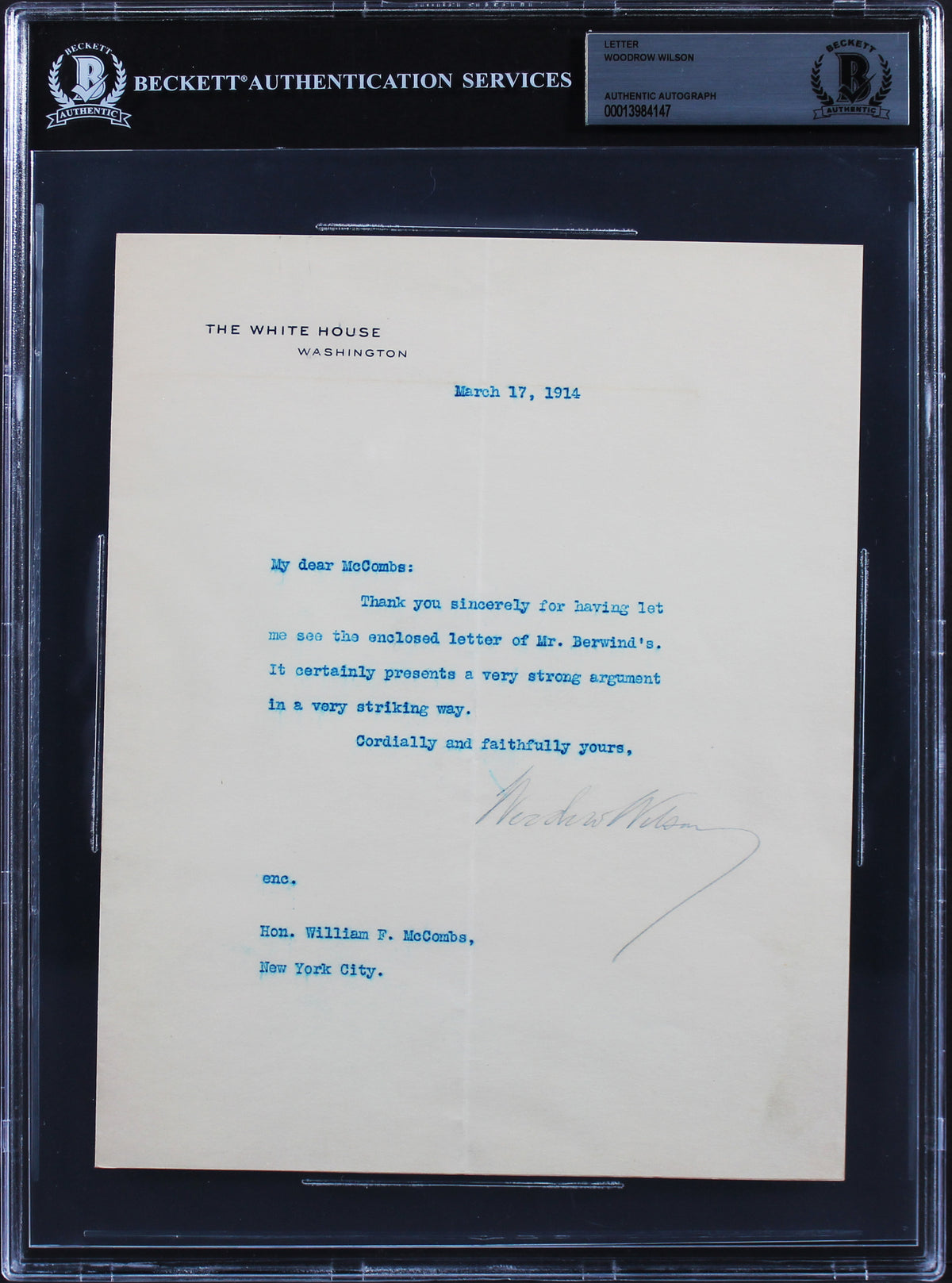 Woodrow Wilson Signed 7x8.75 1914 Letter On White House Letterhead BAS Slab 2