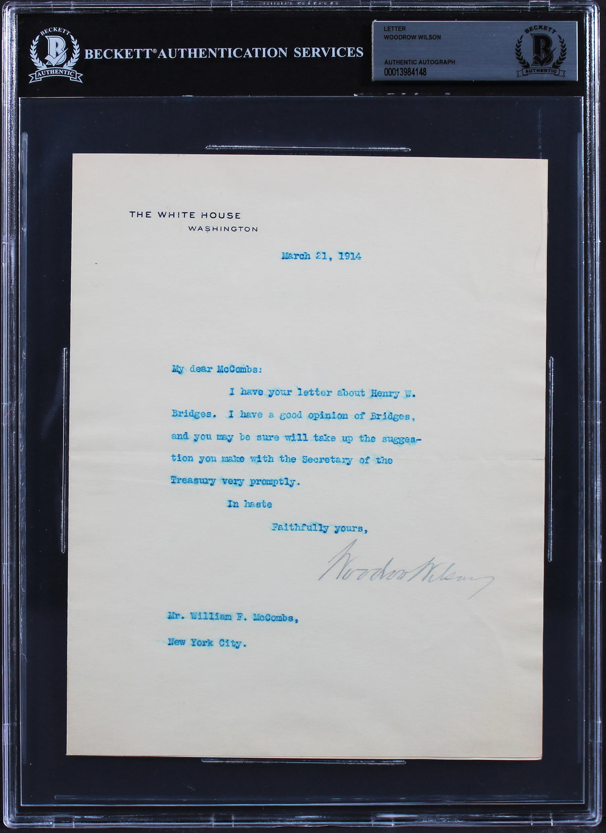 Woodrow Wilson Signed 7x8.75 1914 Letter On White House Letterhead BAS Slab 1