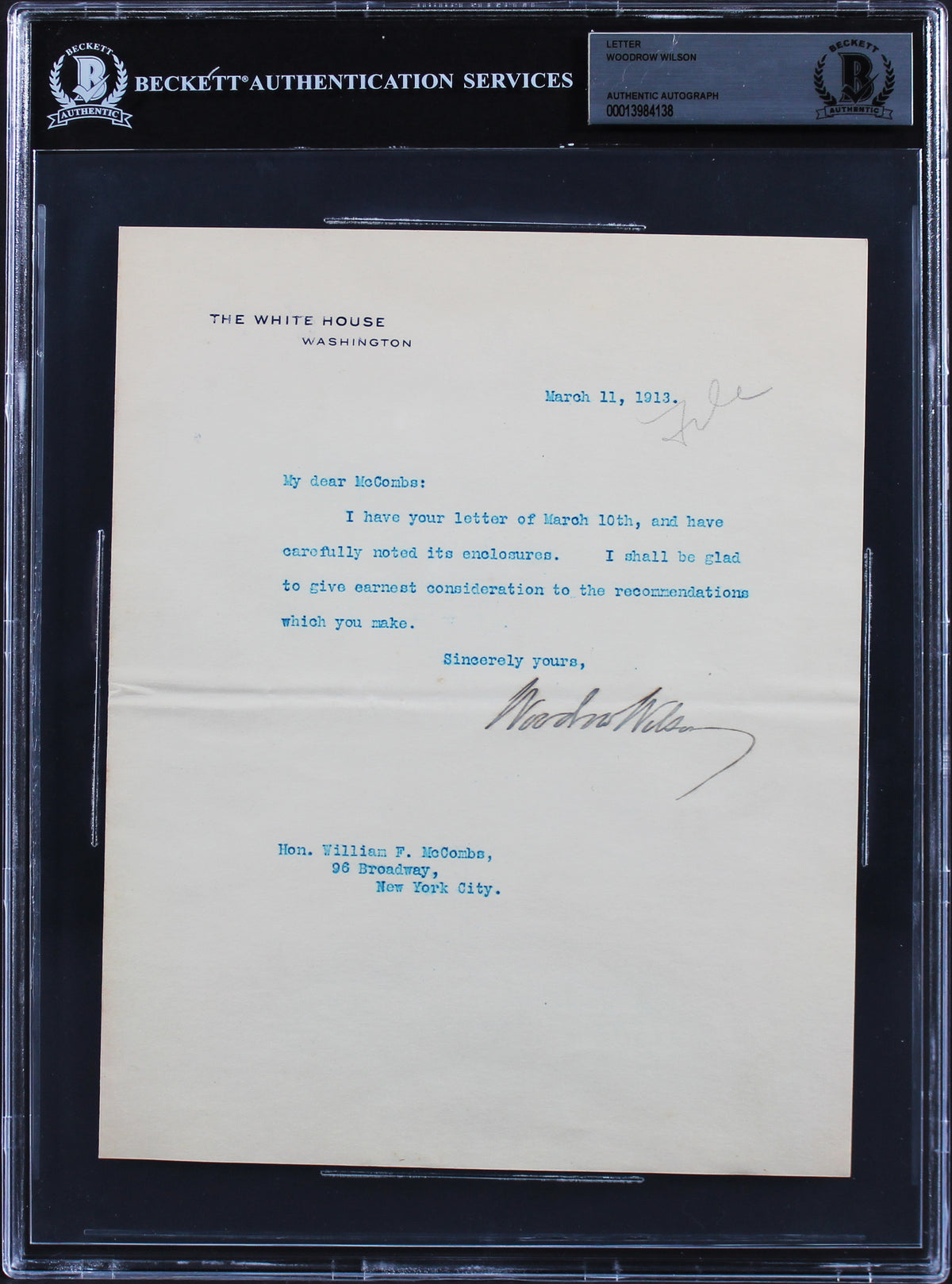 Woodrow Wilson Signed 7x8.75 1913 Letter On White House Letterhead BAS Slab 6