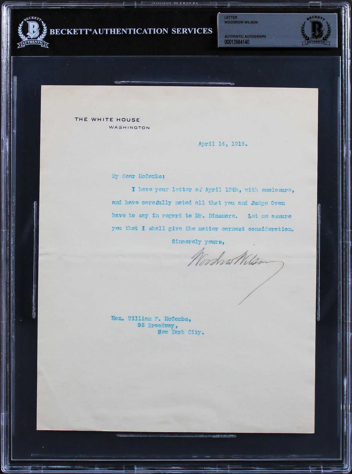 Woodrow Wilson Signed 7x8.75 1913 Letter On White House Letterhead BAS Slab