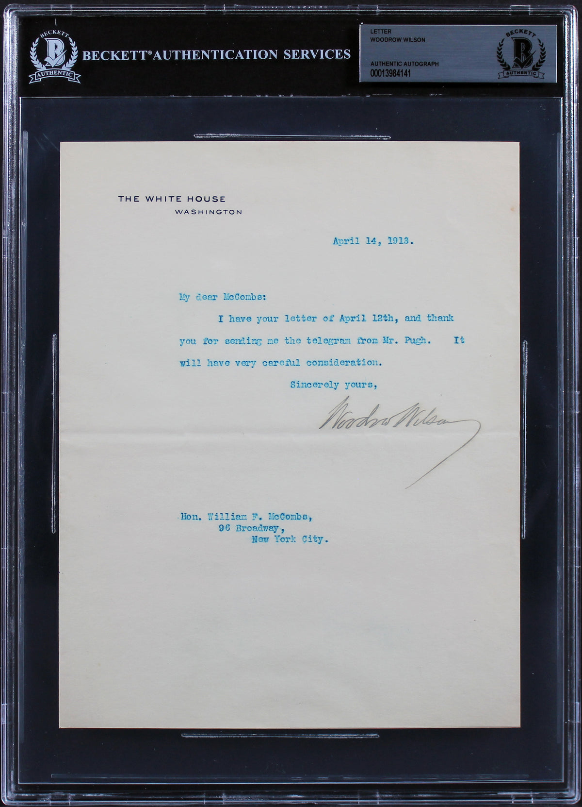 Woodrow Wilson Signed 7x8.75 1913 Letter On White House Letterhead BAS Slab