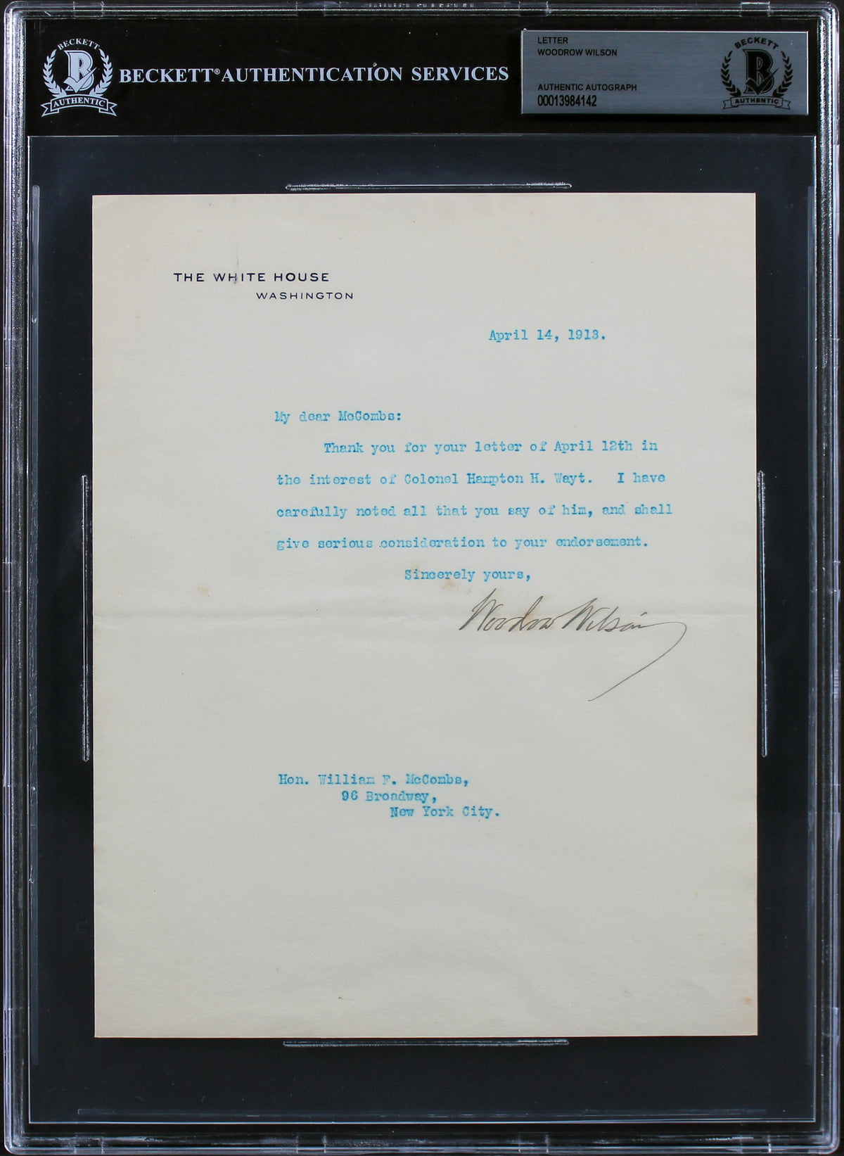 Woodrow Wilson Signed 7x8.75 1913 Letter On White House Letterhead BAS Slab