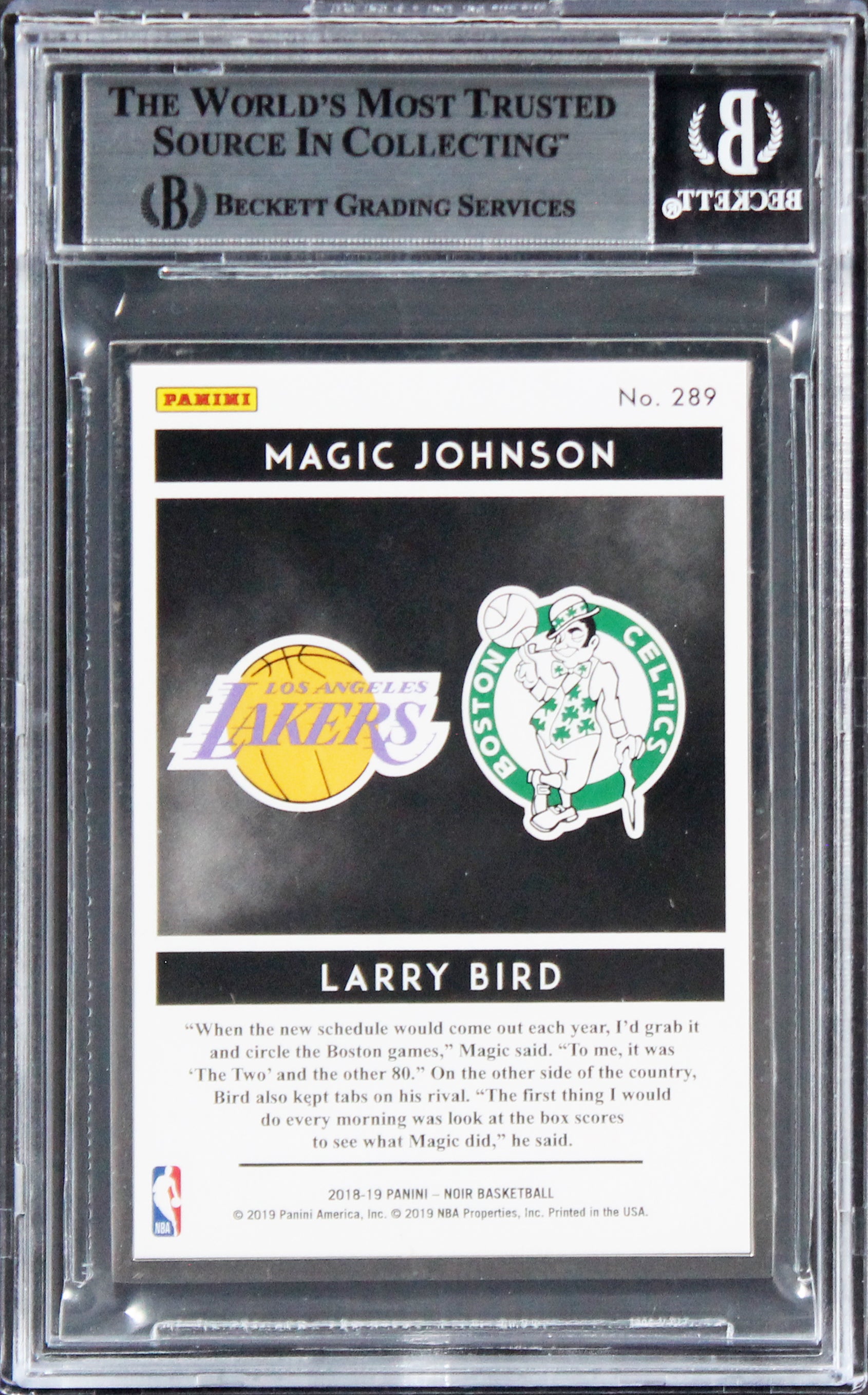 Larry Bird & Magic Johnson Signed 2018 Panini Noir #289 #01/25 Card BAS Slabbed