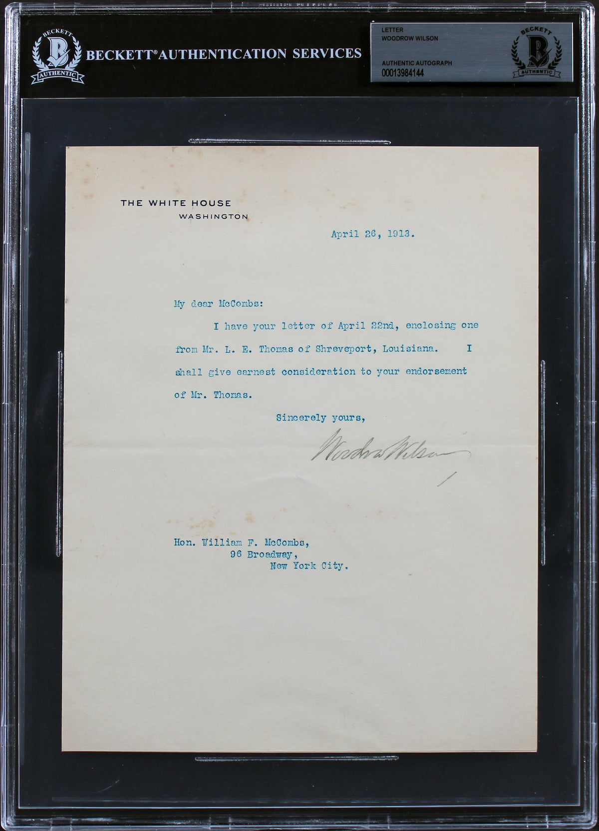 Woodrow Wilson Signed 7x8.75 1913 Letter On White House Letterhead BAS Slab