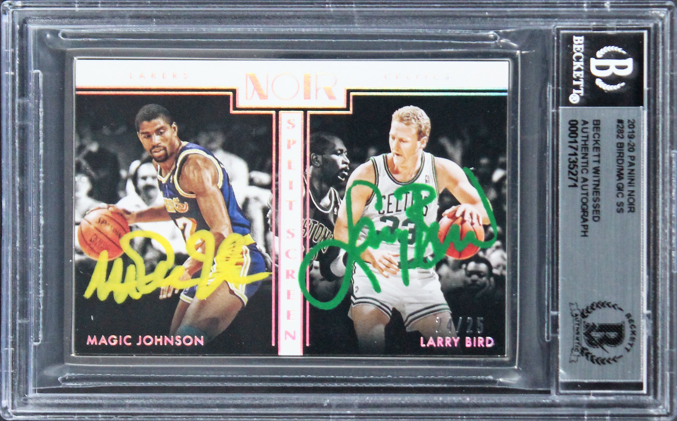 Larry Bird & Magic Johnson Signed 2019 Panini Noir #282 #24/25 Card BAS Slabbed