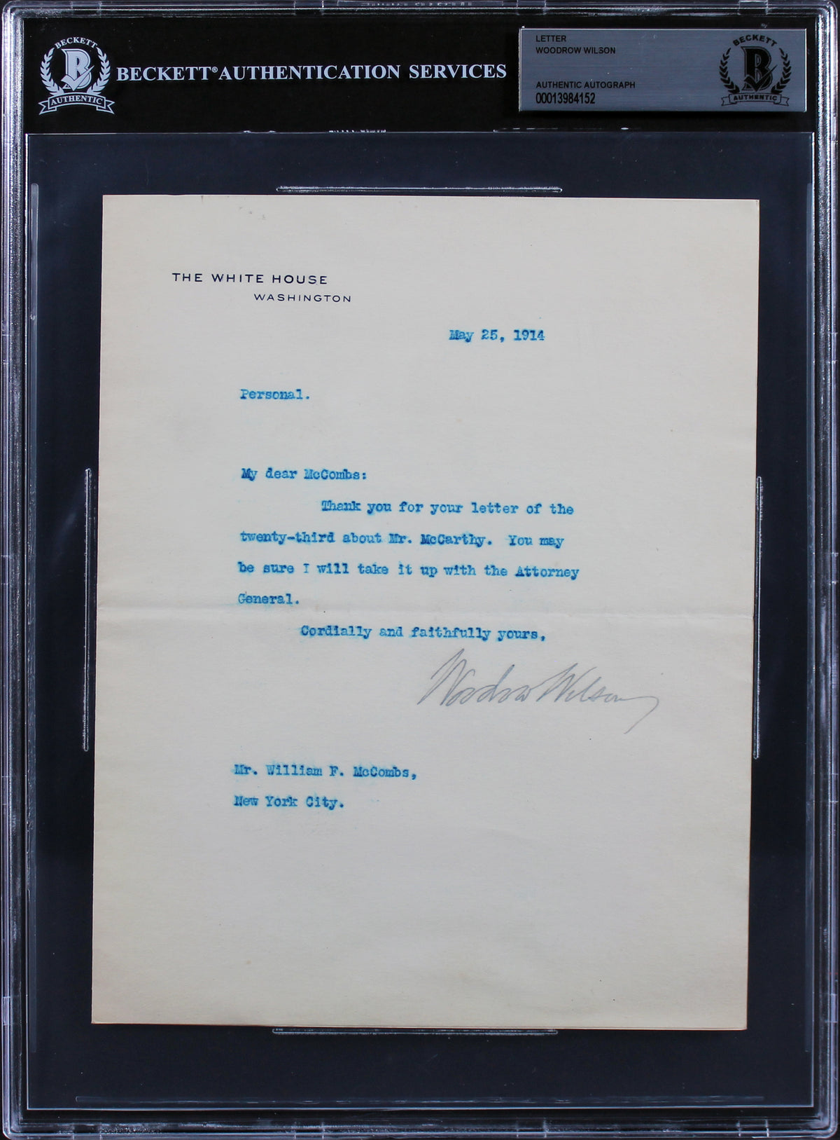 Woodrow Wilson Signed 7x8.75 1914 Letter On White House Letterhead BAS Slab