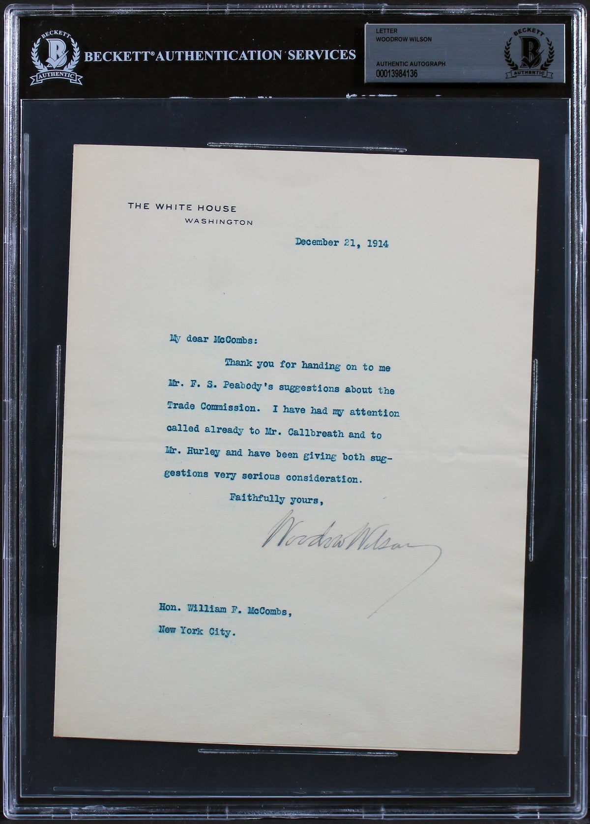 Woodrow Wilson Signed 7x8.75 1914 Letter On White House Letterhead BAS Slab