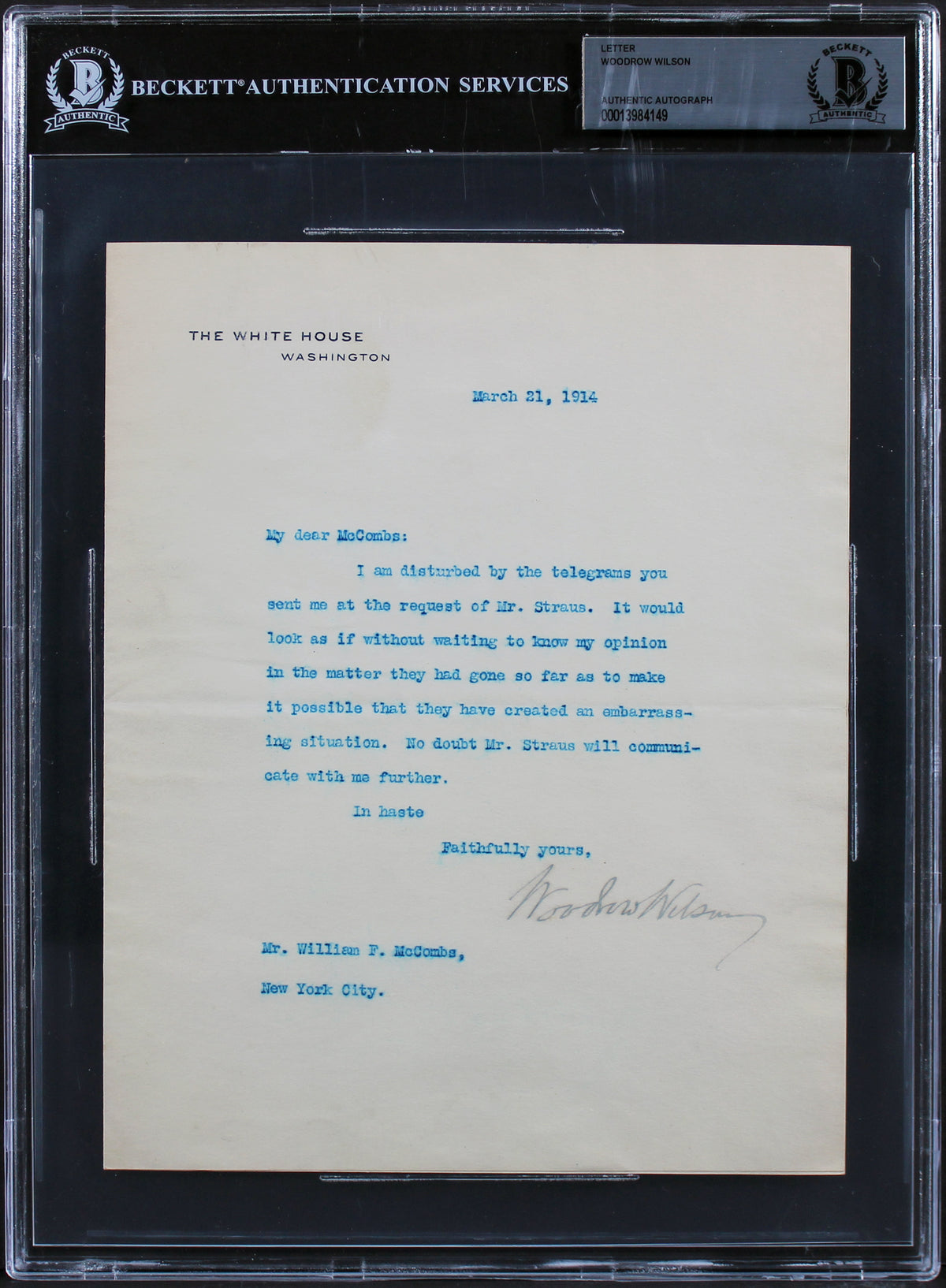Woodrow Wilson Signed 7x8.75 1914 Letter On White House Letterhead BAS Slab
