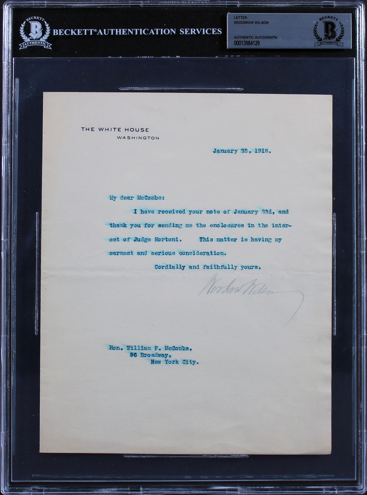 Woodrow Wilson Signed 7x8.75 1915 Letter On White House Letterhead BAS Slab