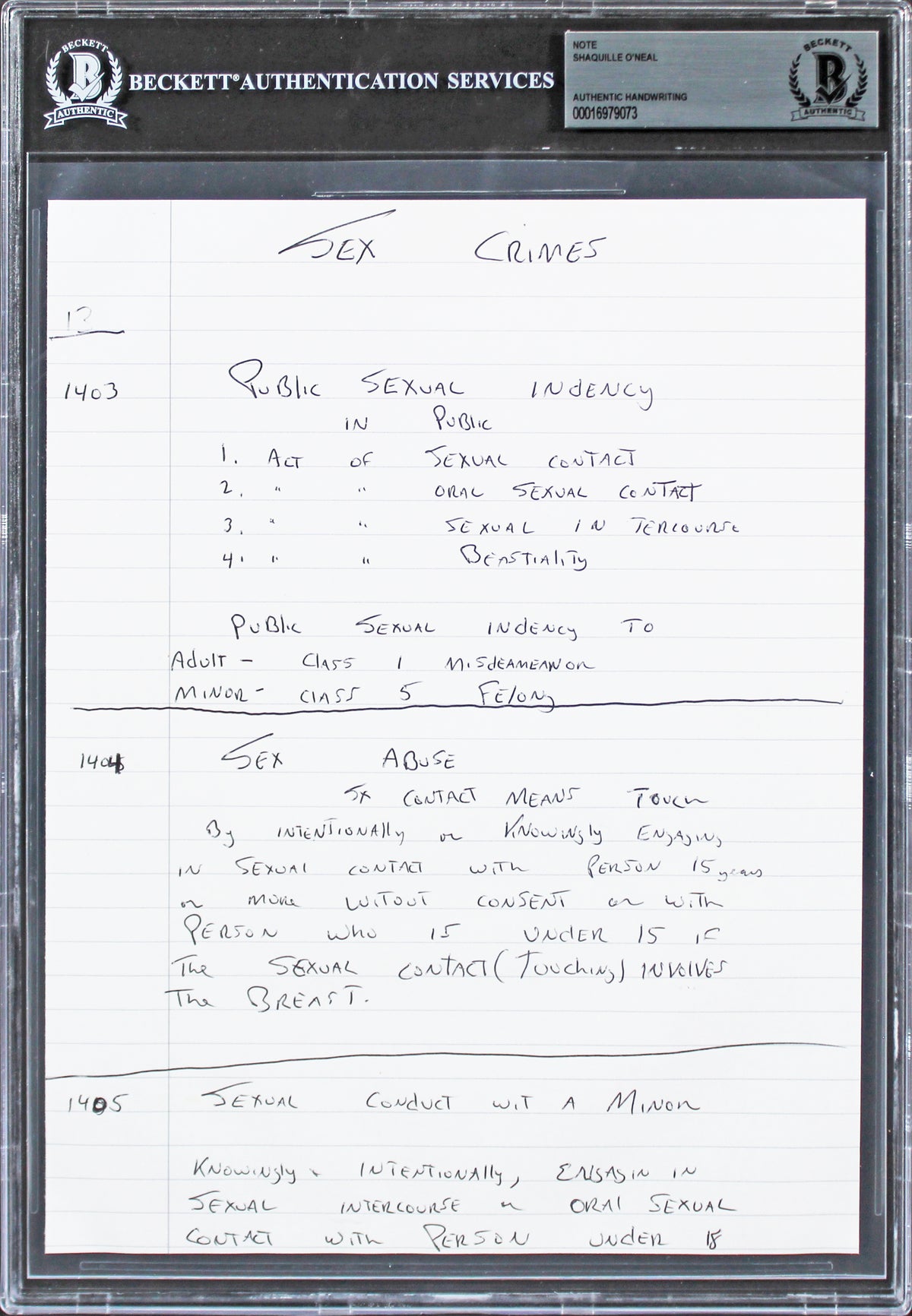 Lakers Shaquille O'Neal 8x10 Training Notes Handwriting Sample BAS Slabbed 2